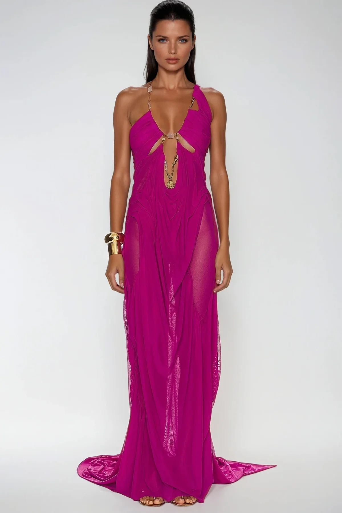 Plunge Chain Asymmetric Maxi Dress in Elegant Purple