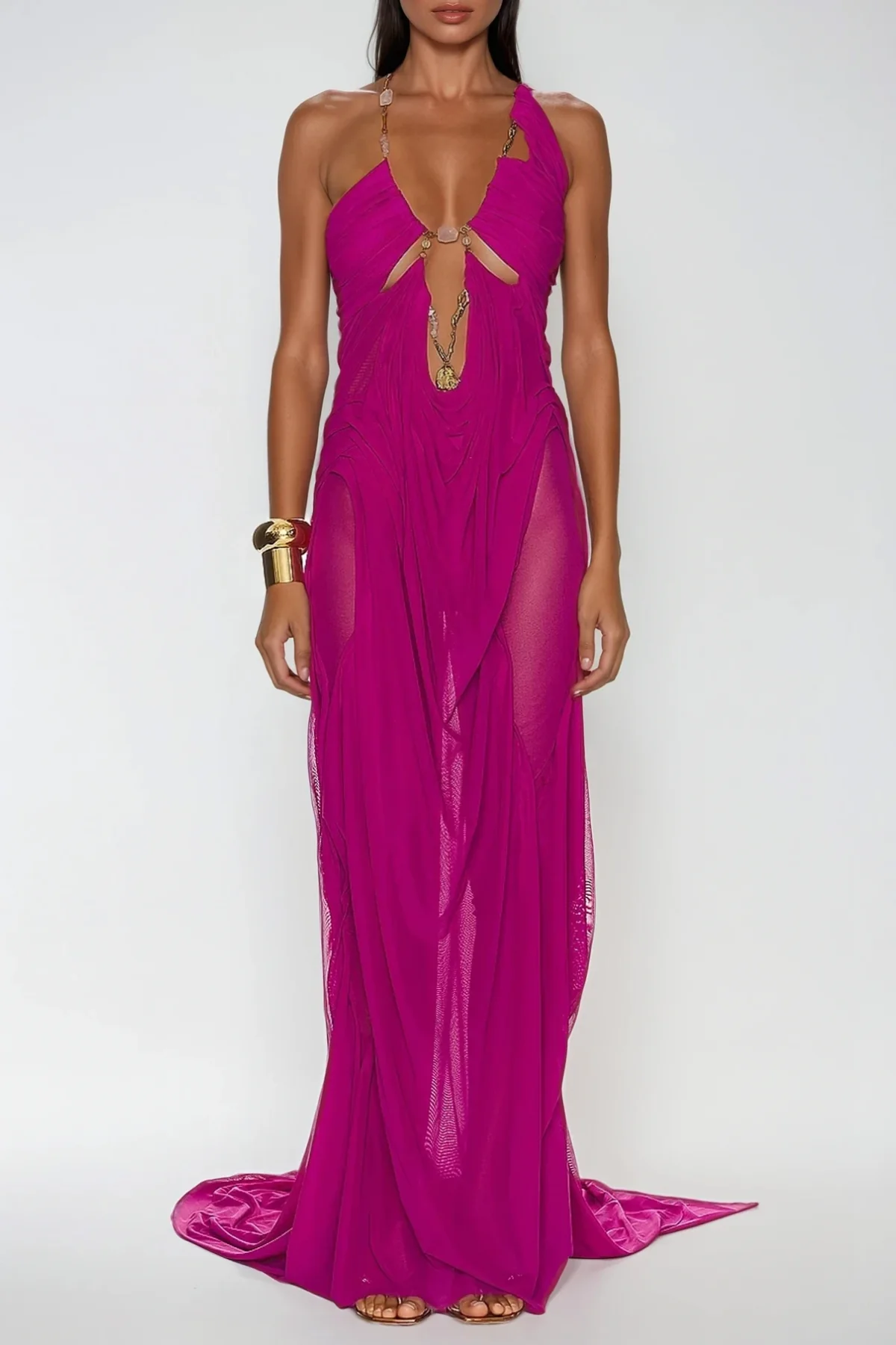 Plunge Chain Asymmetric Maxi Dress in Elegant Purple