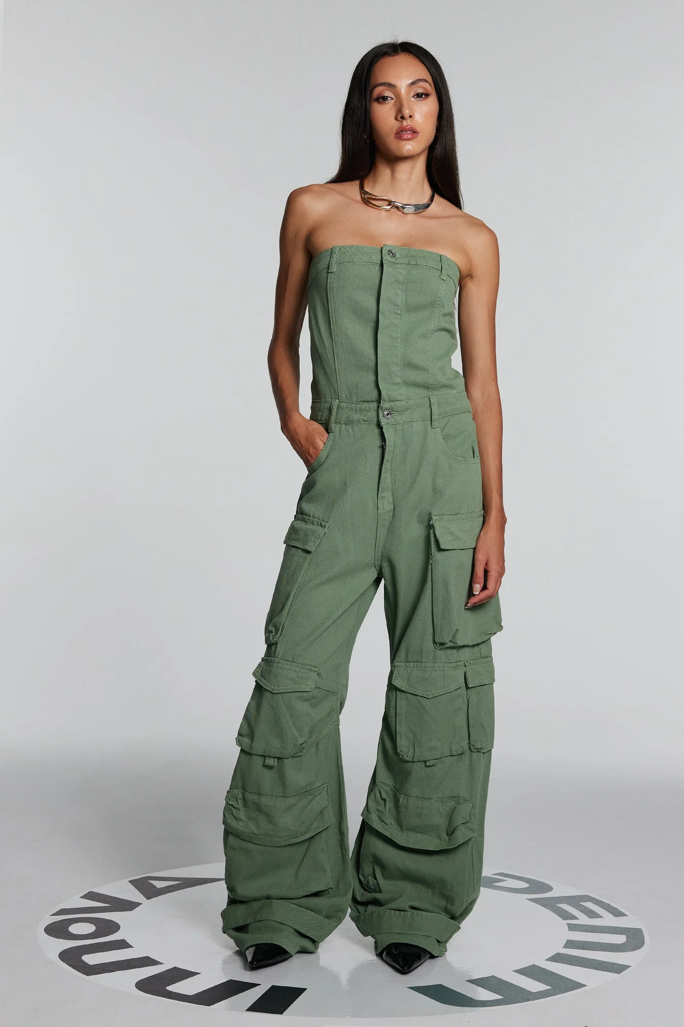 Green Strapless Cargo Jumpsuit with Cargo Pockets