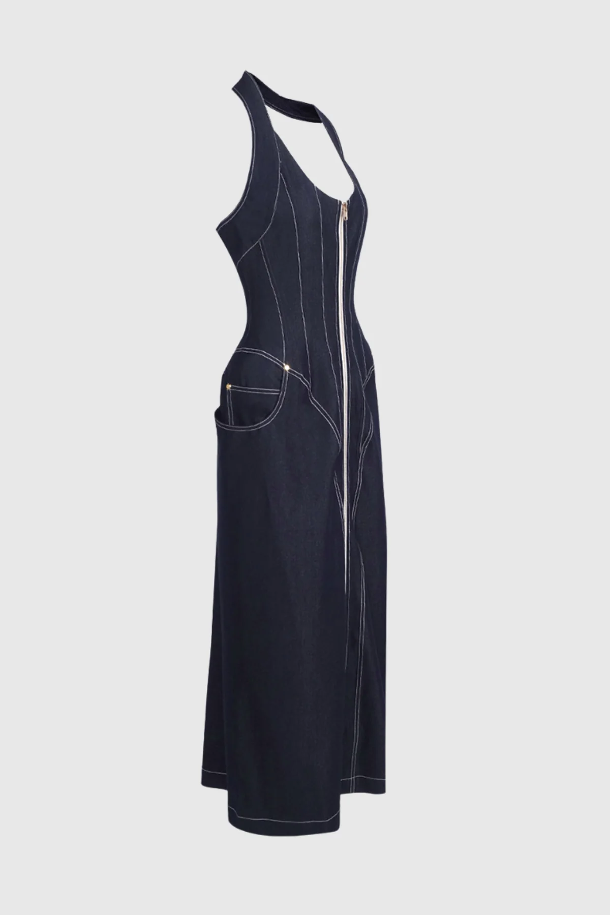Denim Halter Neck Corset Maxi Dress - Elegant & Comfortable
