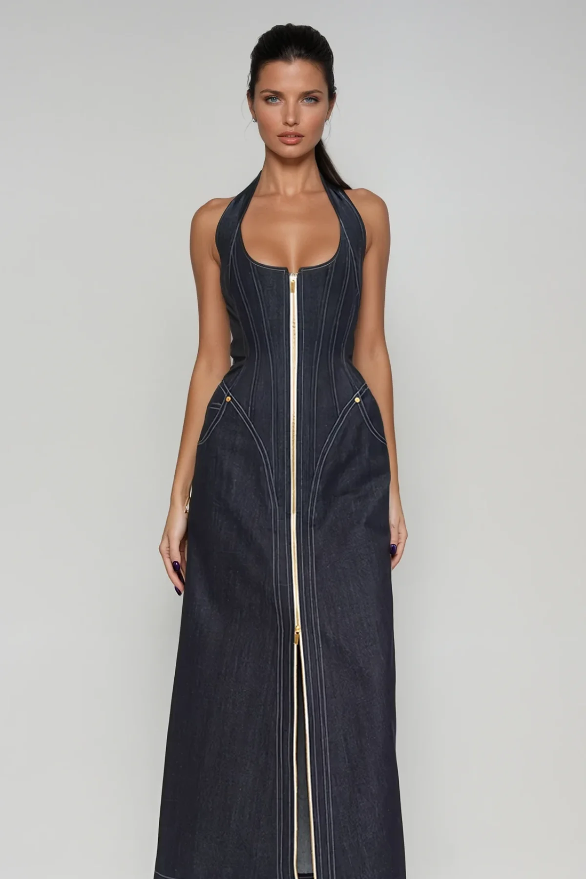 Denim Halter Neck Corset Maxi Dress - Elegant & Comfortable