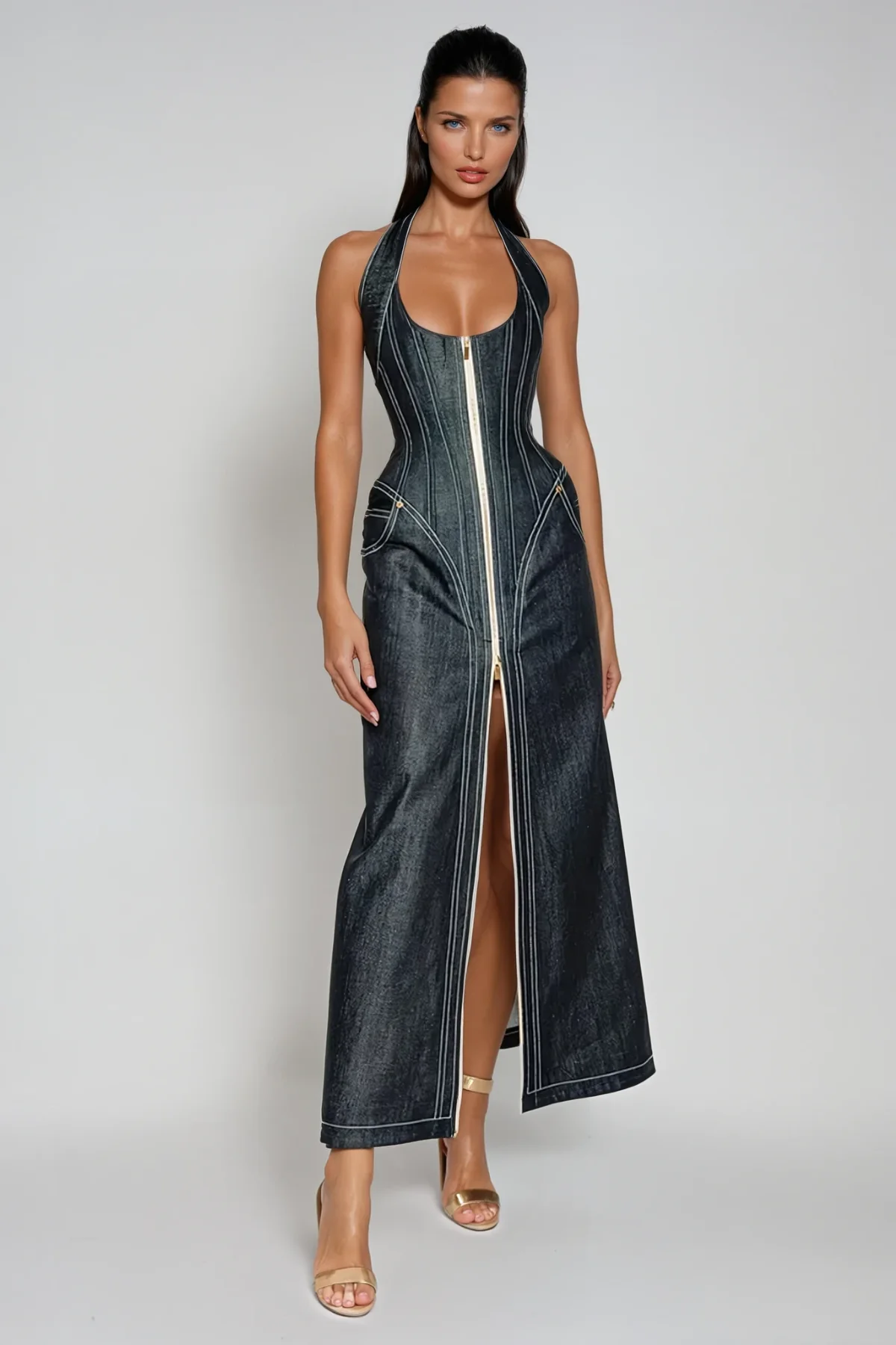 Denim Halter Neck Corset Maxi Dress - Elegant & Comfortable