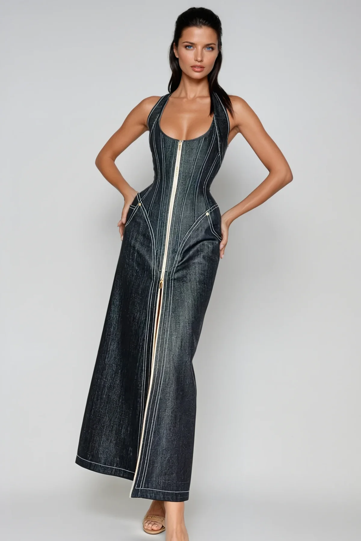 Denim Halter Neck Corset Maxi Dress - Elegant & Comfortable