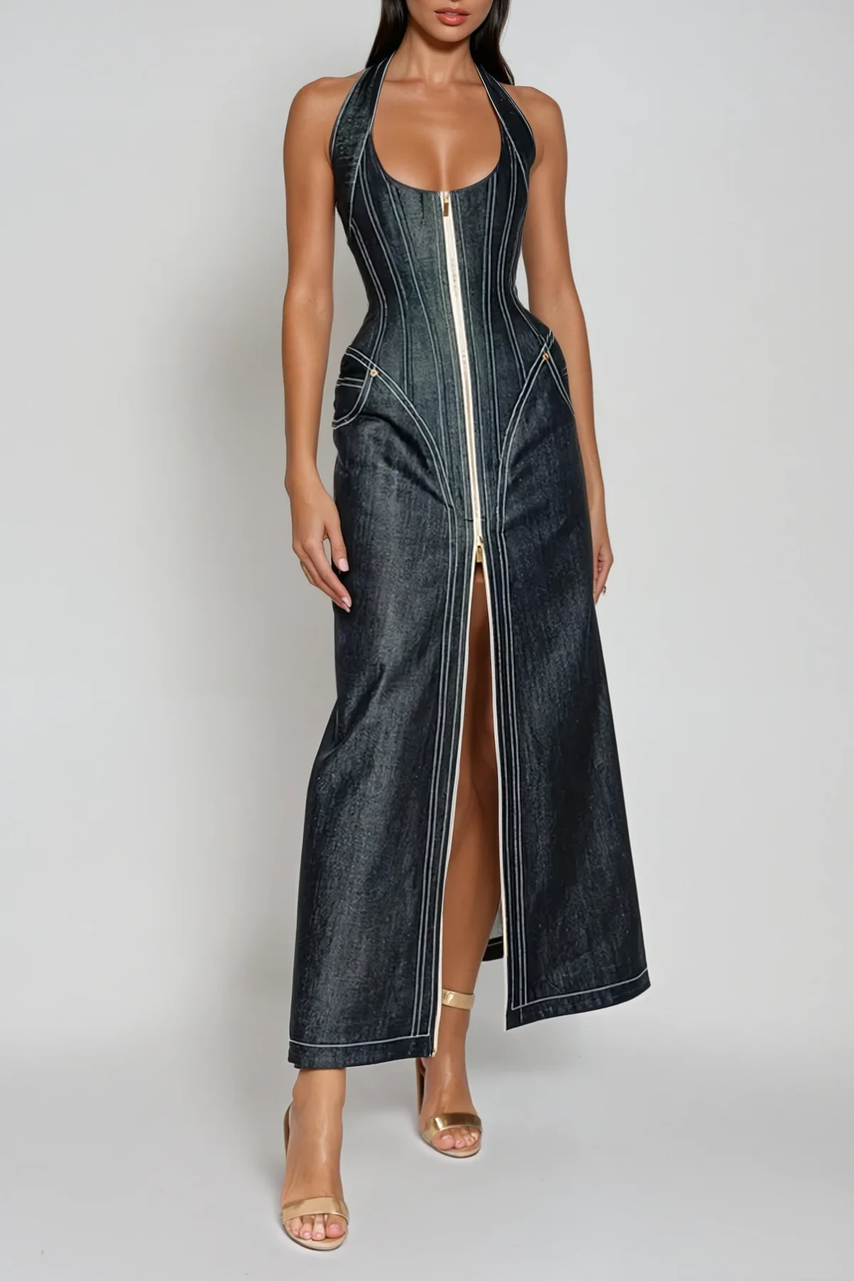 Denim Halter Neck Corset Maxi Dress - Elegant & Comfortable