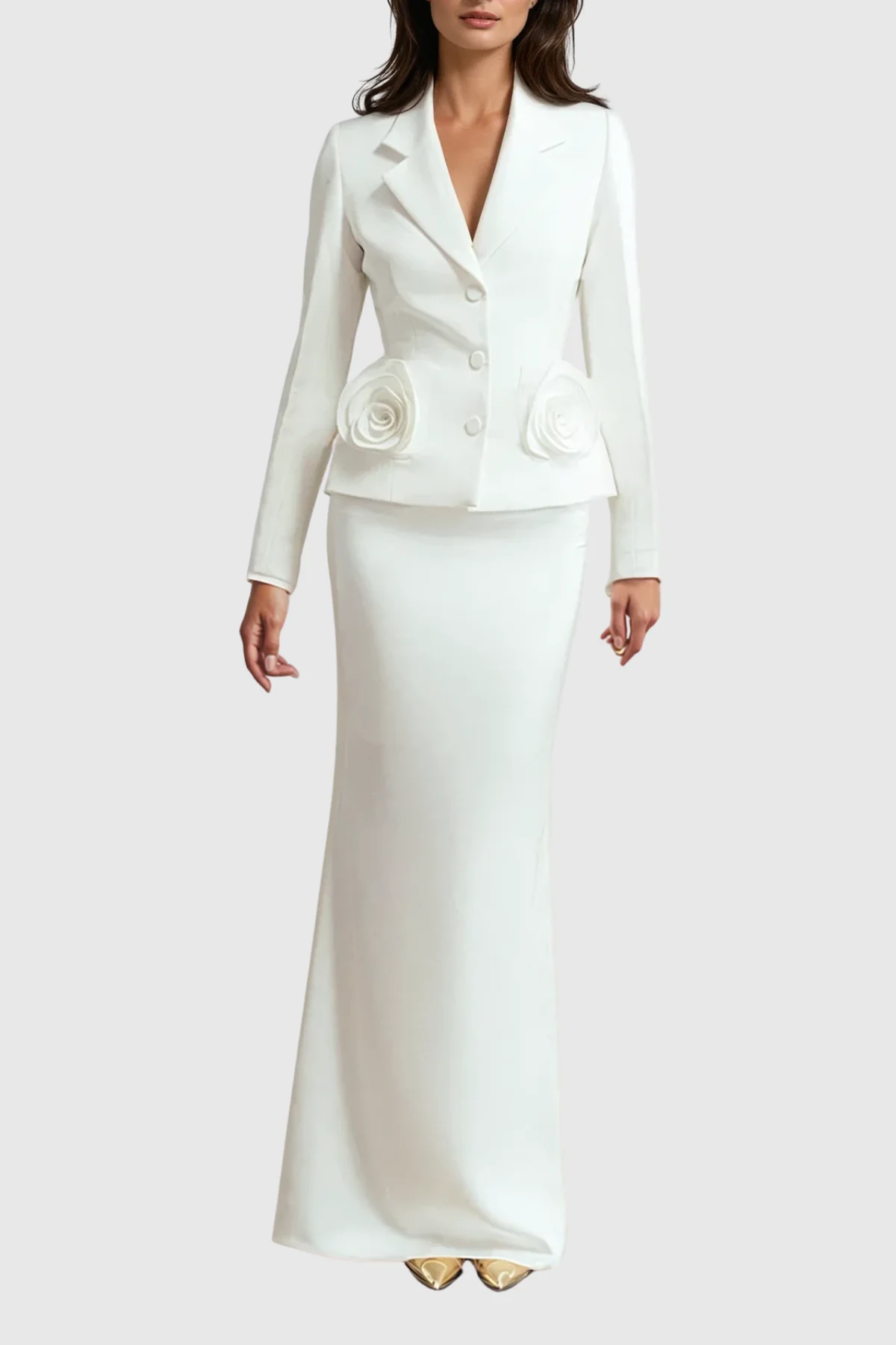 White Flower Lapel Skirt Set - Stylish and Versatile