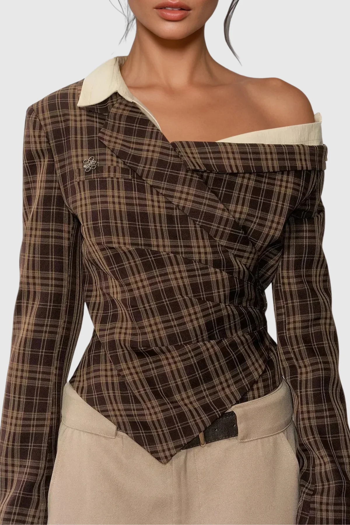 Brown Asymmetrical One Shoulder Grid Top