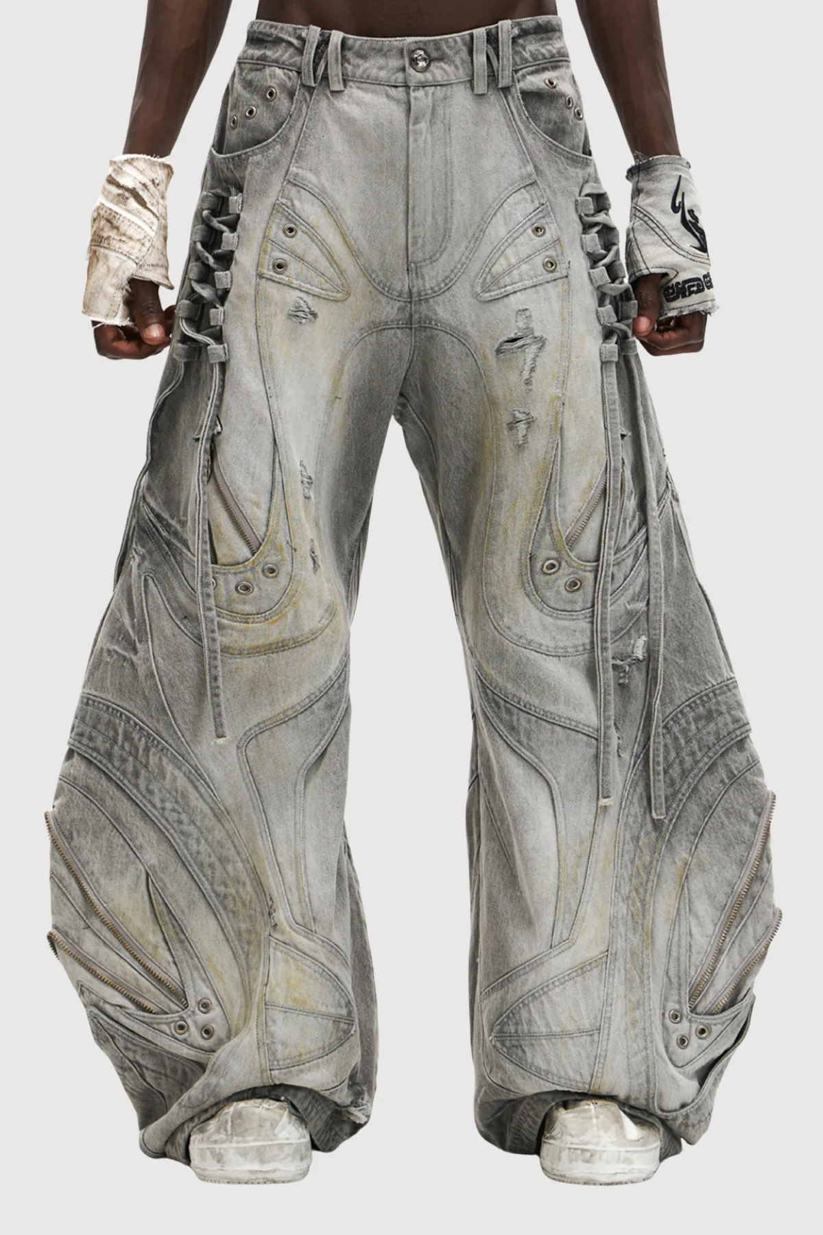 Grey Deconstruct Print Wide Leg Jeans for Modern Artistic Style