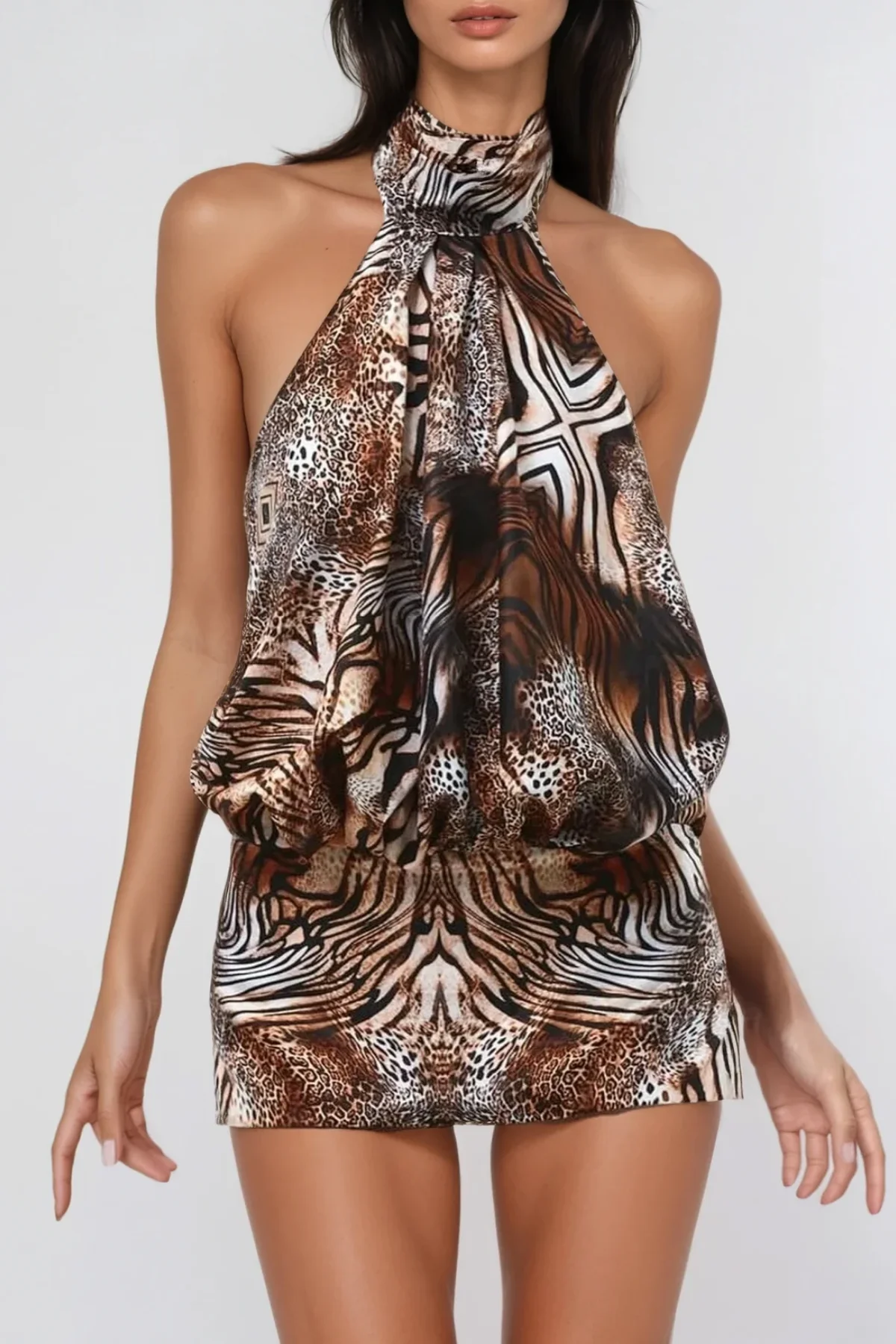 Leopard Halter Neck Mini Dress - Sophisticated & Playful Style