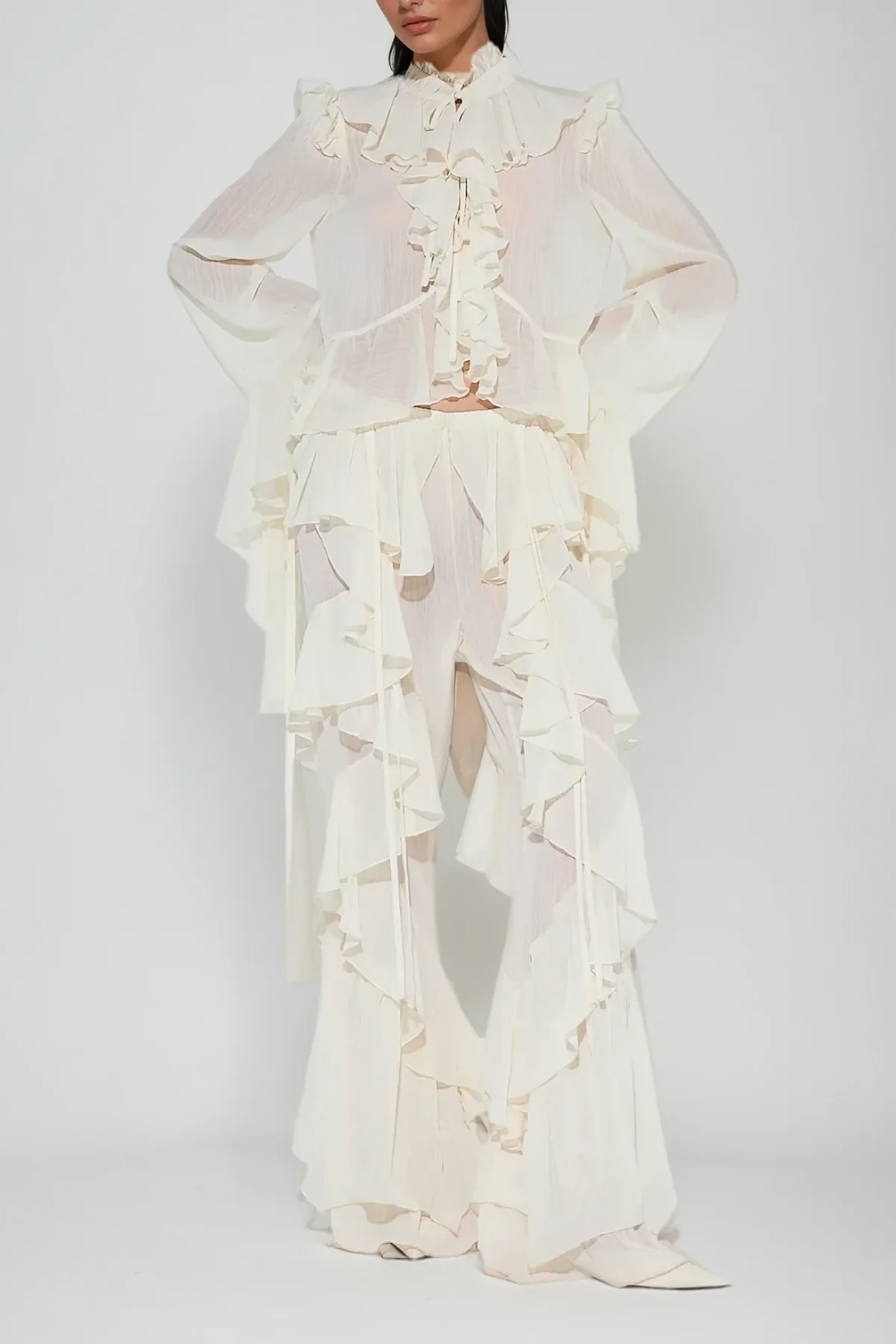 White Ruffle Pants Set - Elegant & Versatile Style