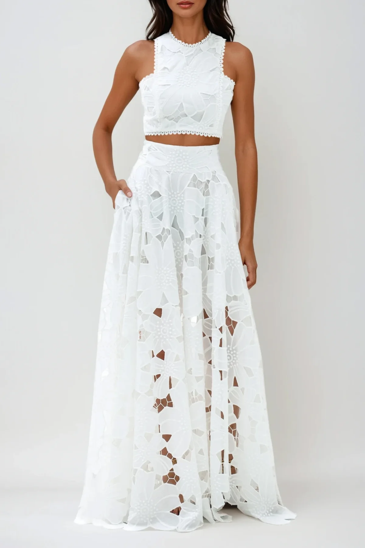 White Flower Cutout Sleeveless Skirt Set
