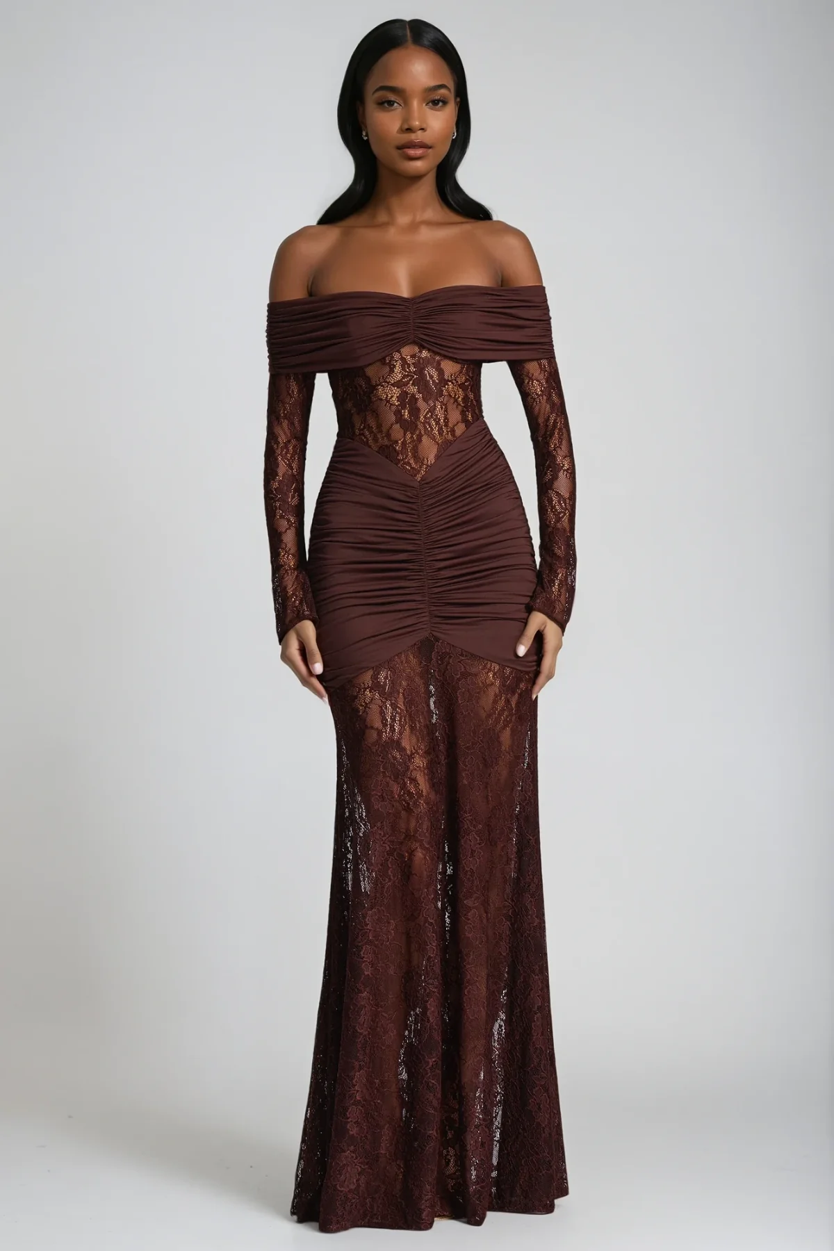 Brown Lace Maxi Dress with Strapless Design