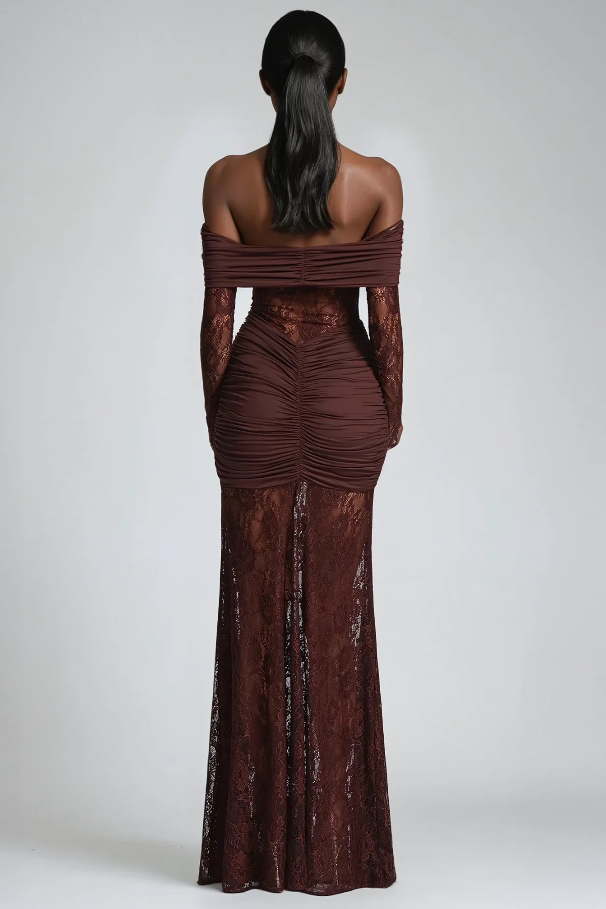 Brown Lace Maxi Dress with Strapless Design
