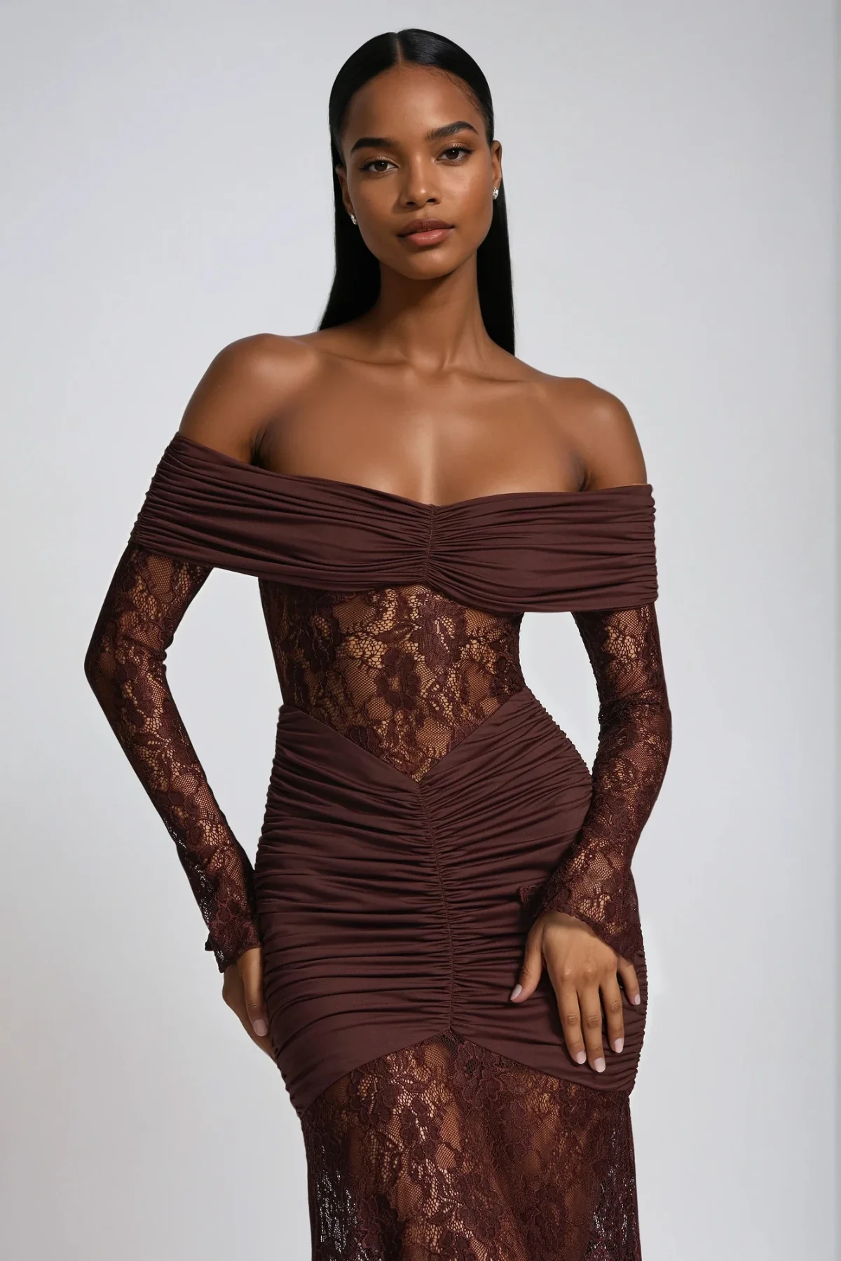 Brown Lace Maxi Dress with Strapless Design