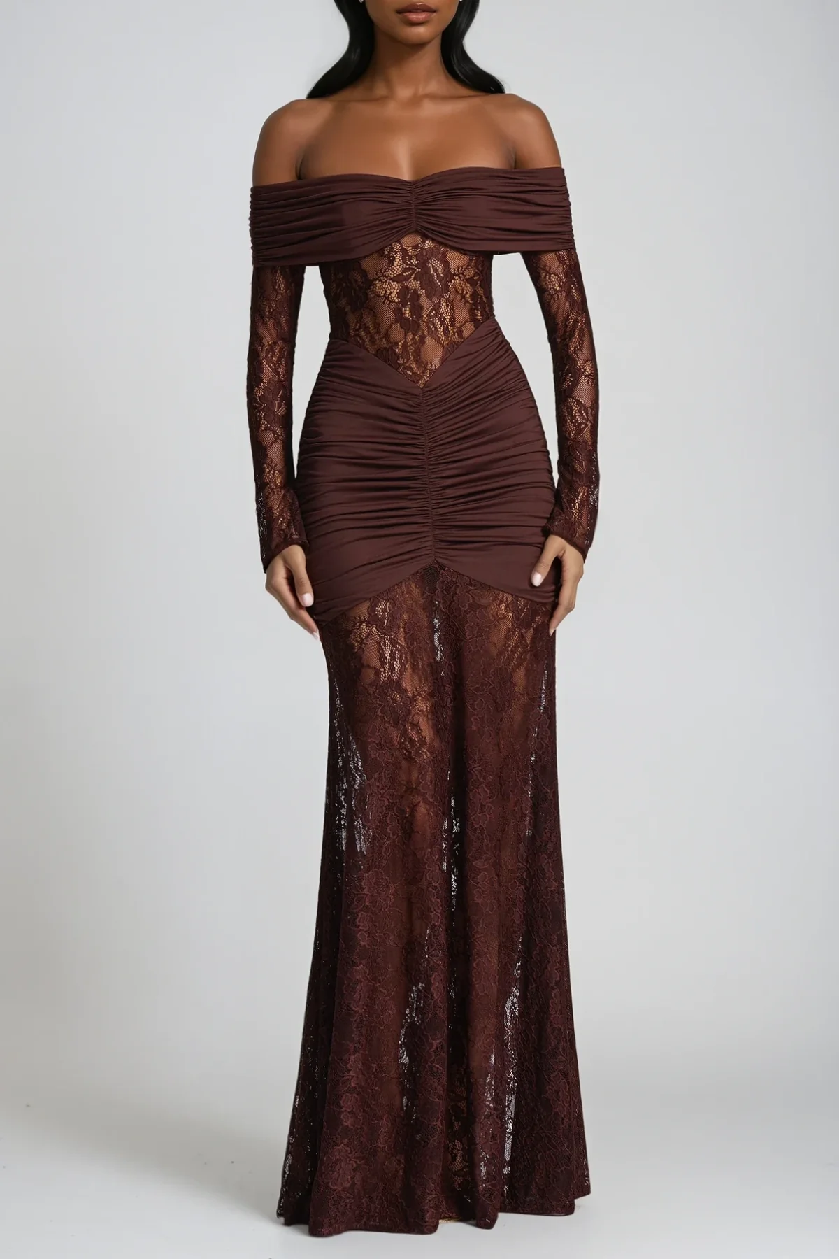 Brown Lace Maxi Dress with Strapless Design