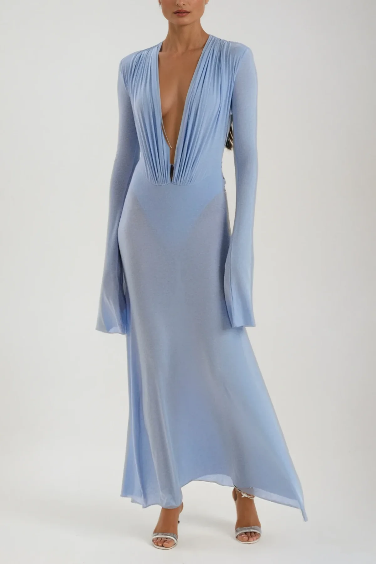 Blue Plunge Ruched Maxi Dress - Elegant Formal Evening Wear