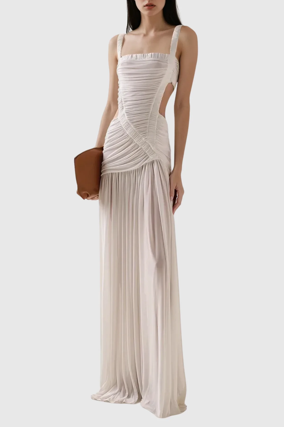 White Ruched Cutout Maxi Dress - Elegant & Modern Style