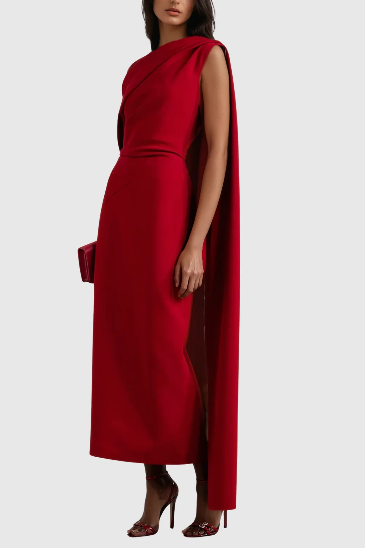 Red Asymmetric Midi Dress with Shawl Neckline