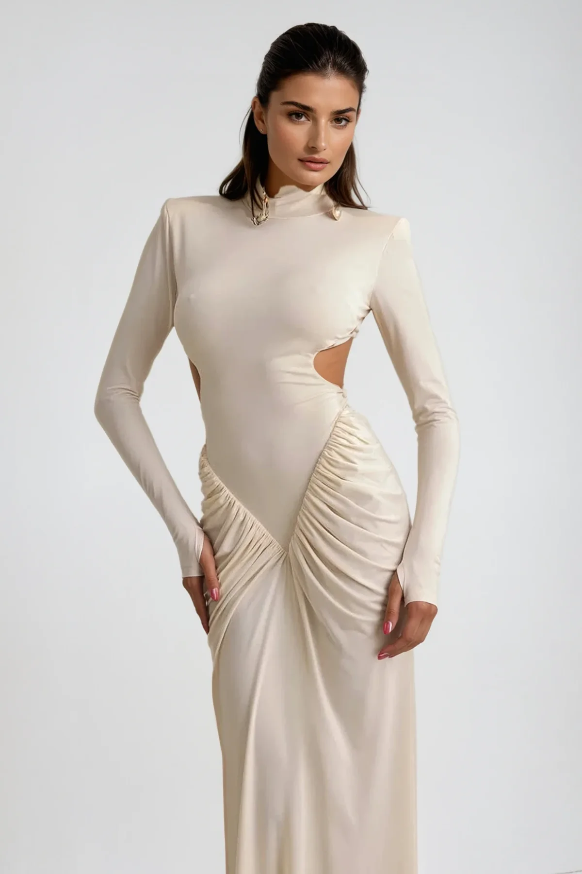 Apricot Cutout Ruch Long Sleeve Maxi Dress
