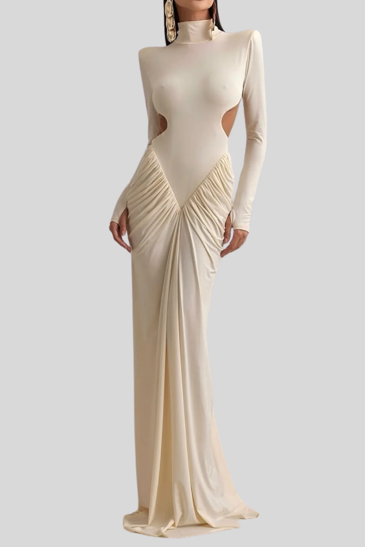 Apricot Cutout Ruch Long Sleeve Maxi Dress