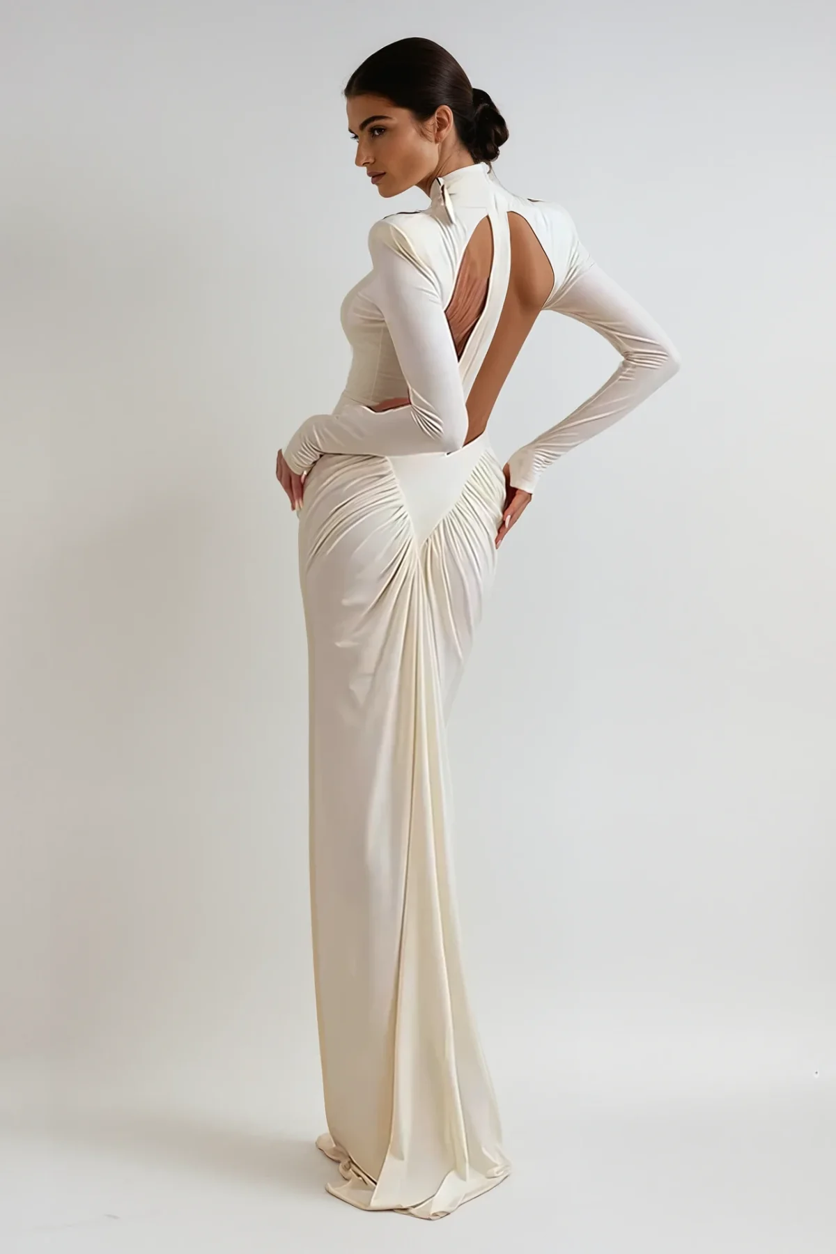 Apricot Cutout Ruch Long Sleeve Maxi Dress