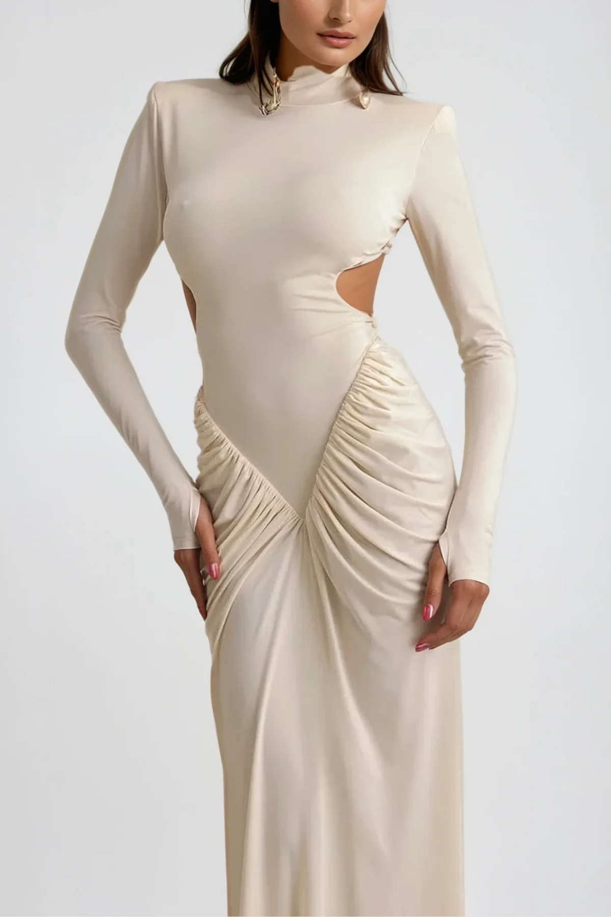 Apricot Cutout Ruch Long Sleeve Maxi Dress