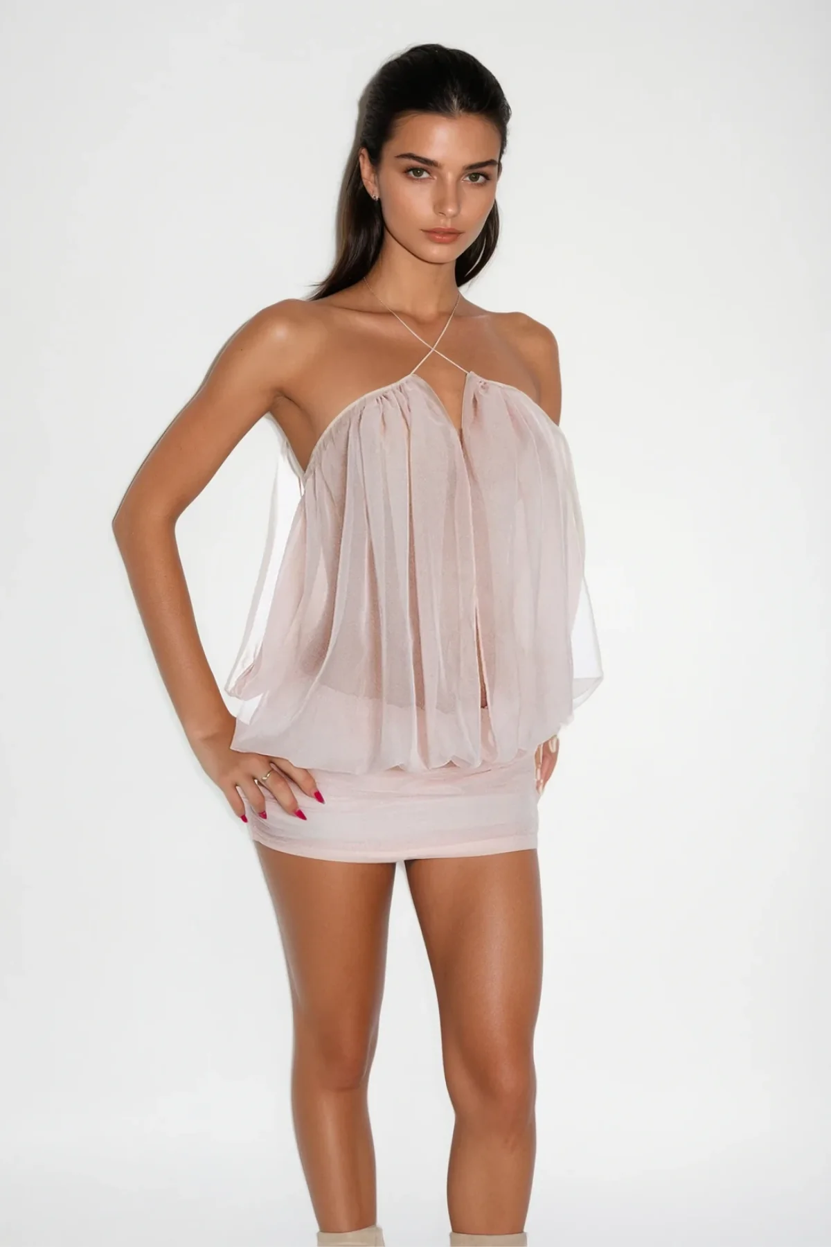 Pink Mesh Ruch Plunge Mini Dress