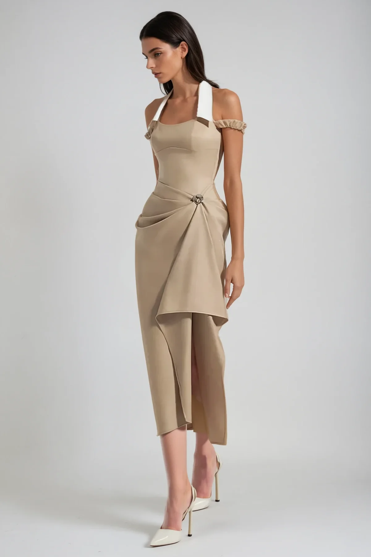 Brown Asymmetric Halter Neck Midi Dress