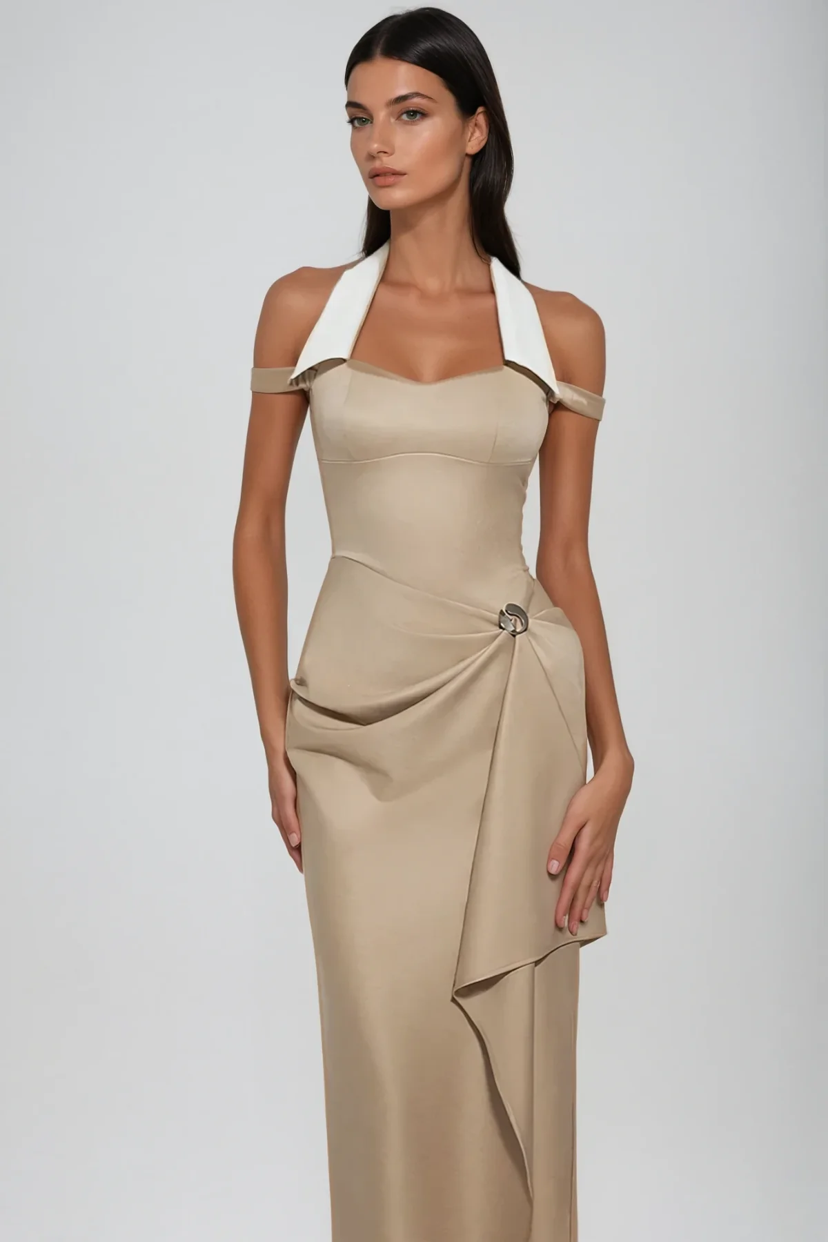 Brown Asymmetric Halter Neck Midi Dress