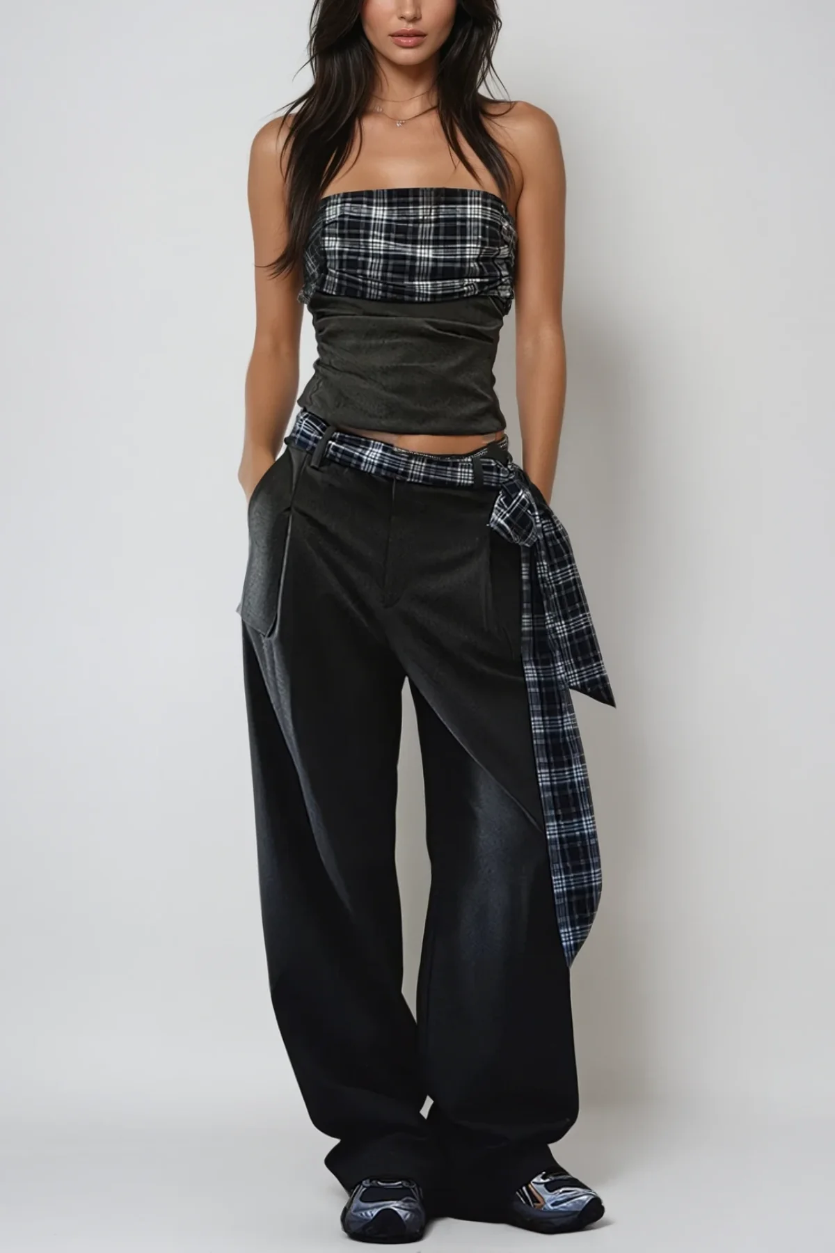 Grid Pattern Strapless Pants Set