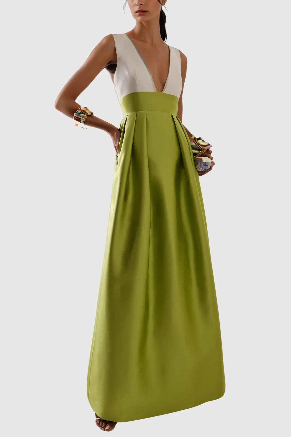 Green Satin Maxi Dress - Elegant Plunge Neckline Design