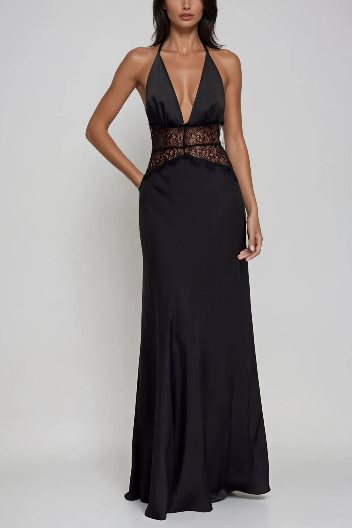 Black Lace Plunge Backless Maxi Dress - Elegant Evening Wear