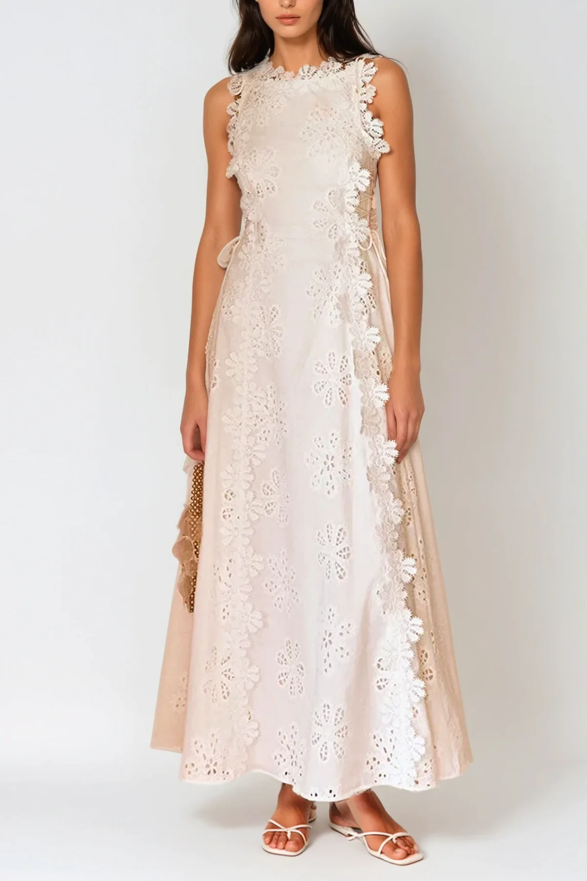 White Embroidered Spaghetti Strap Maxi Dress