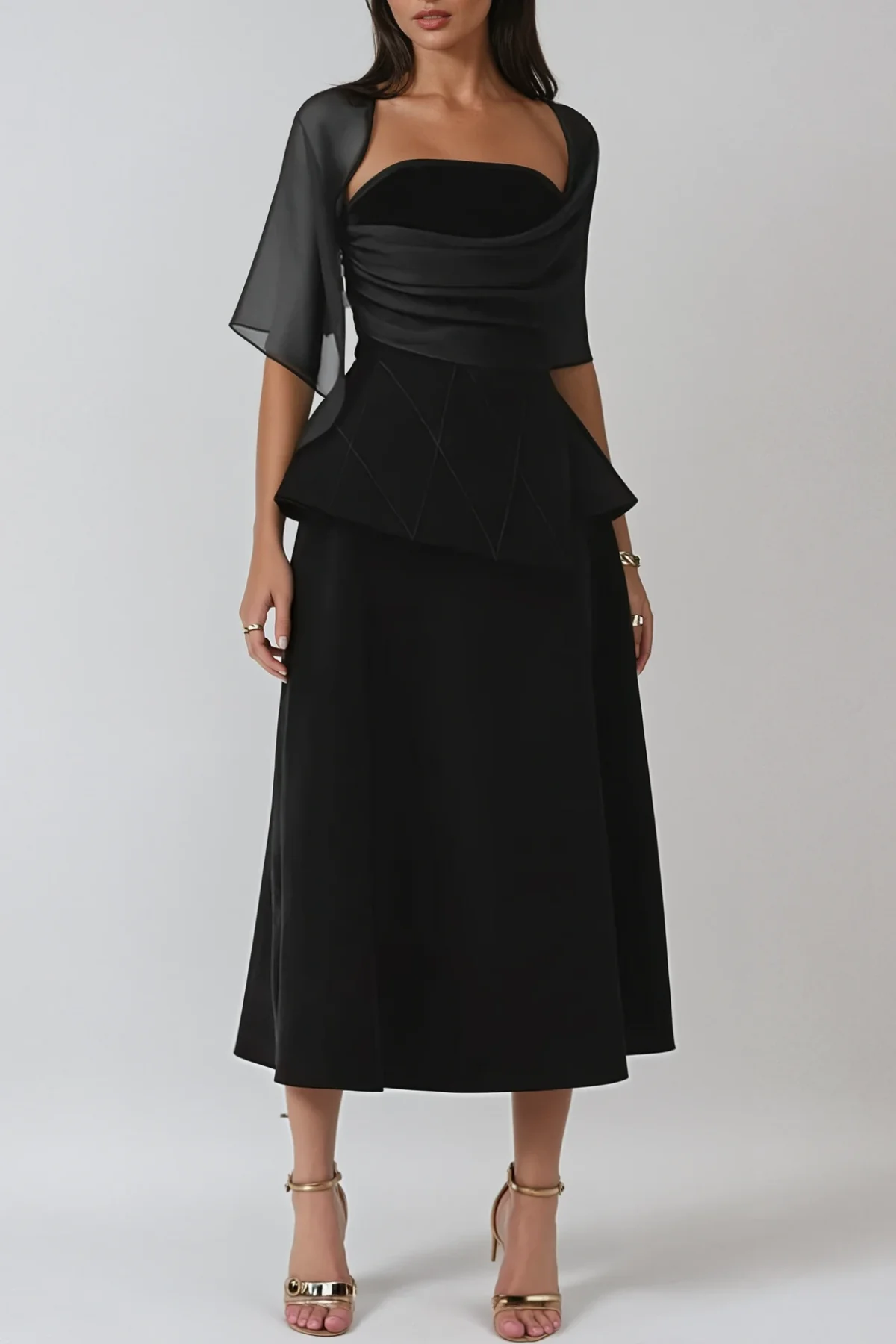 Elegant Black Mesh Shawl Maxi Dress for Formal Events