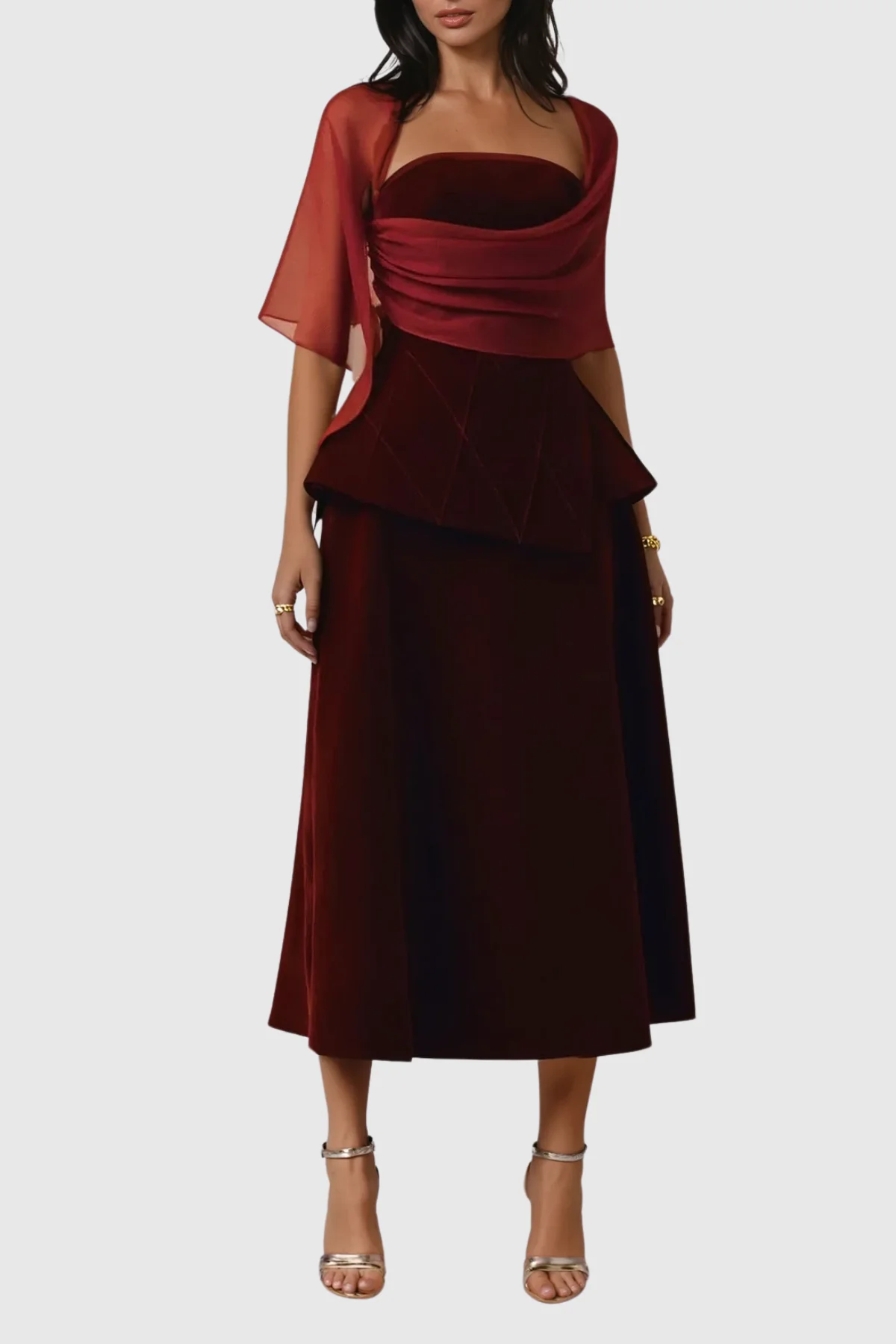 Red Mesh Shawl Maxi Dress - Sophisticated Evening Wear