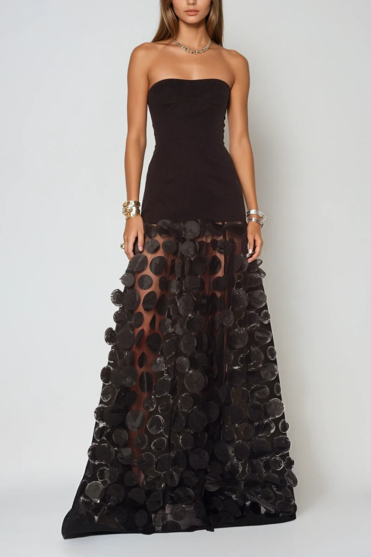 Black Dot Strapless Maxi Dress - Elegant Evening Wear