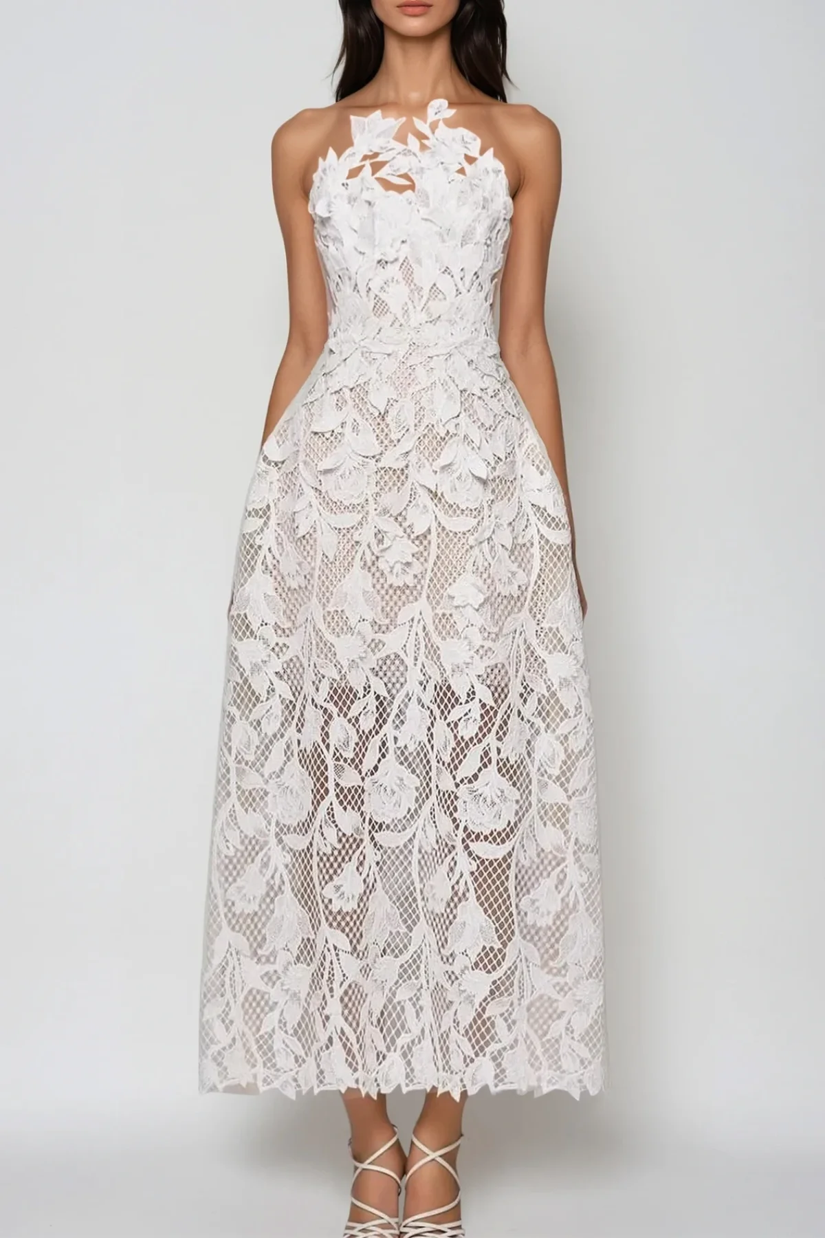 White Lace Floral Maxi Dress Elegant Formal Silhouette