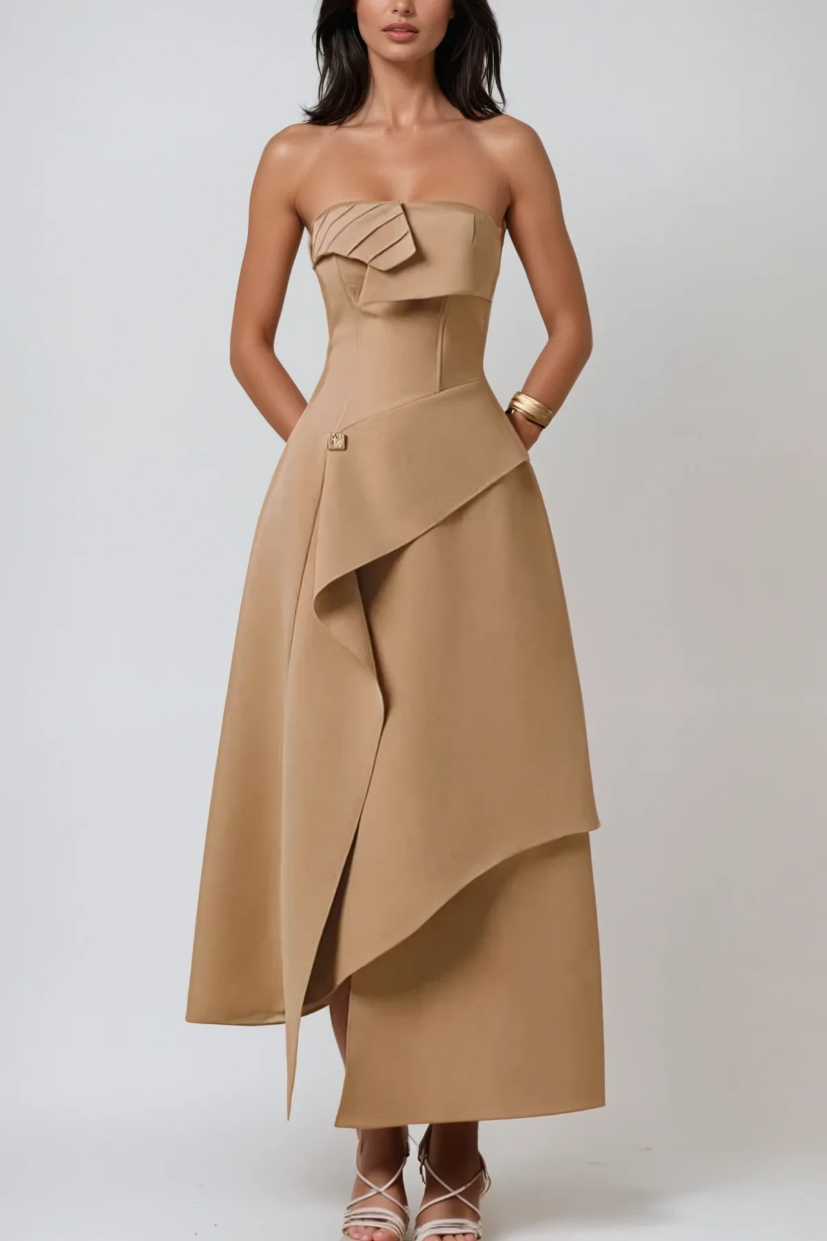 Khaki Asymmetric Strapless Maxi Dress