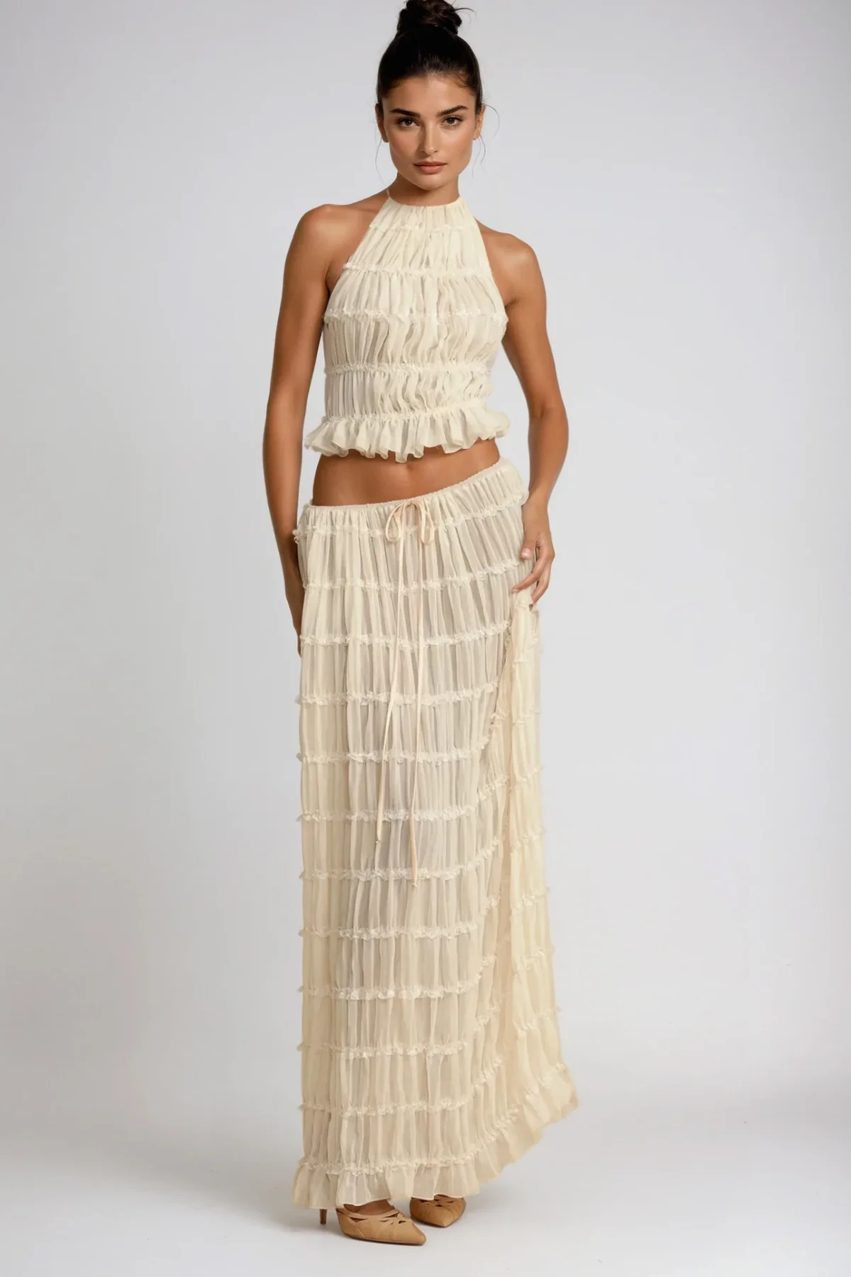 White Backless Ruch Skirt Set - Elegant & Versatile Style