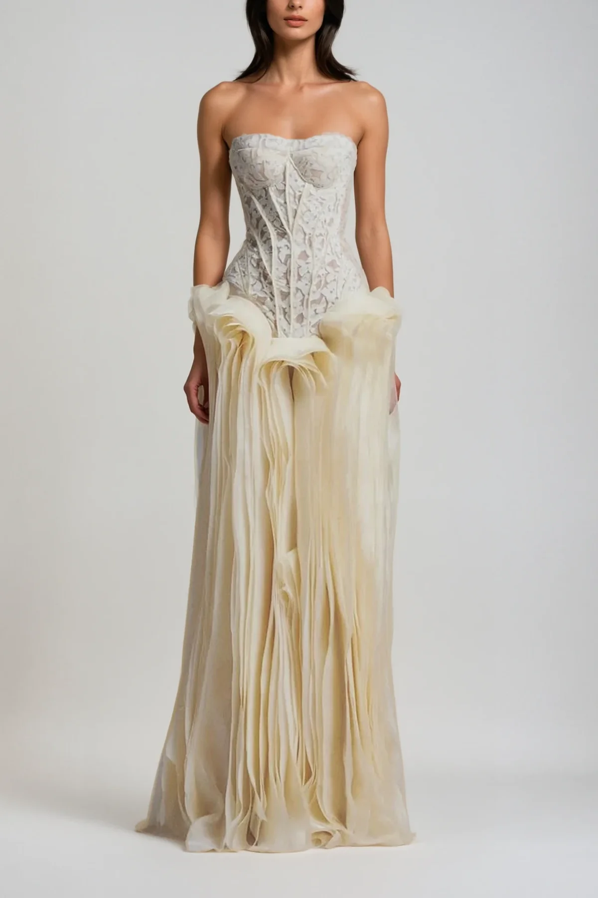 Beige Strapless Mesh Maxi Dress with Corset Bodice