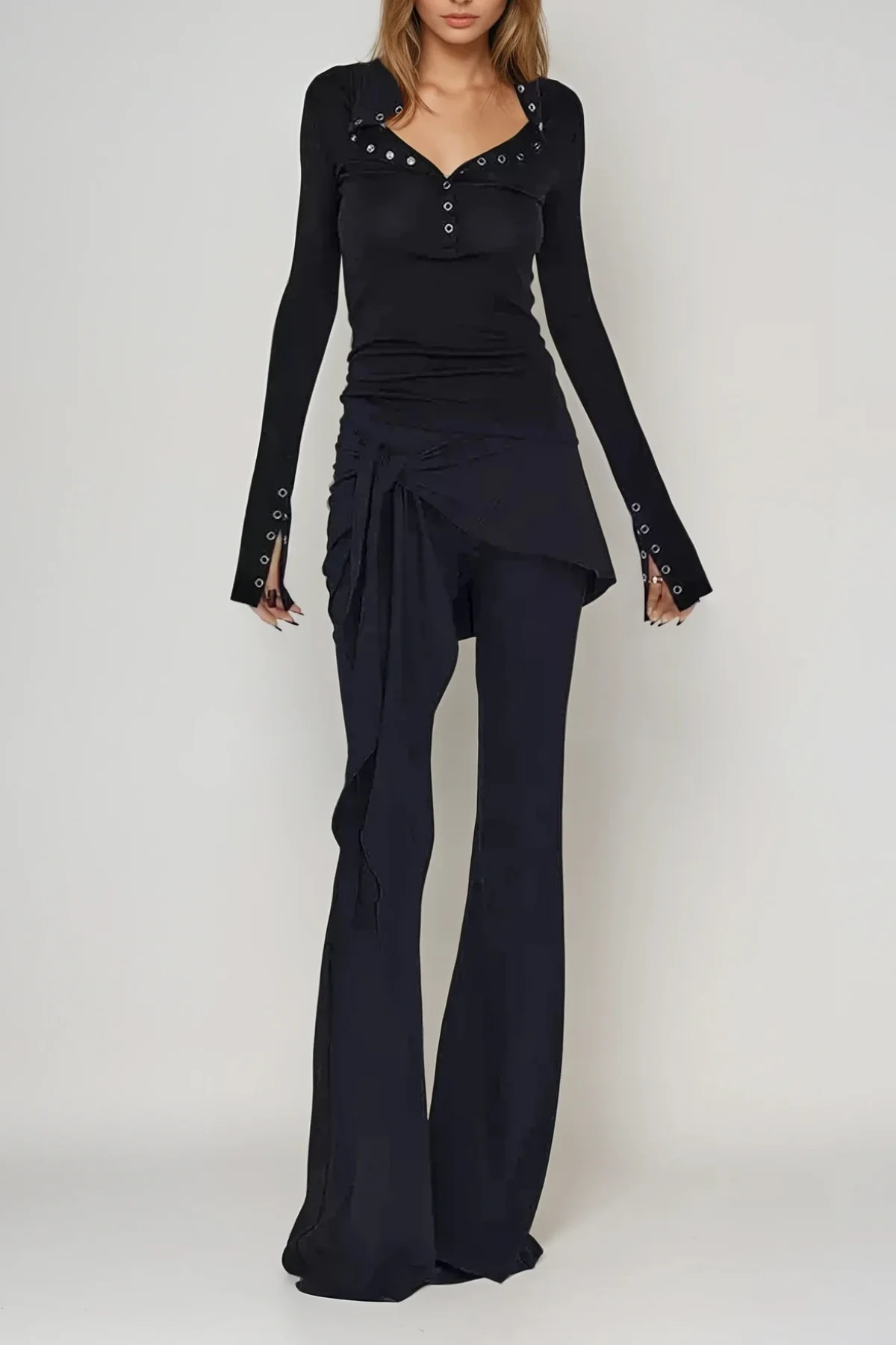 Flared Black Skinny Pants with Knot Detail