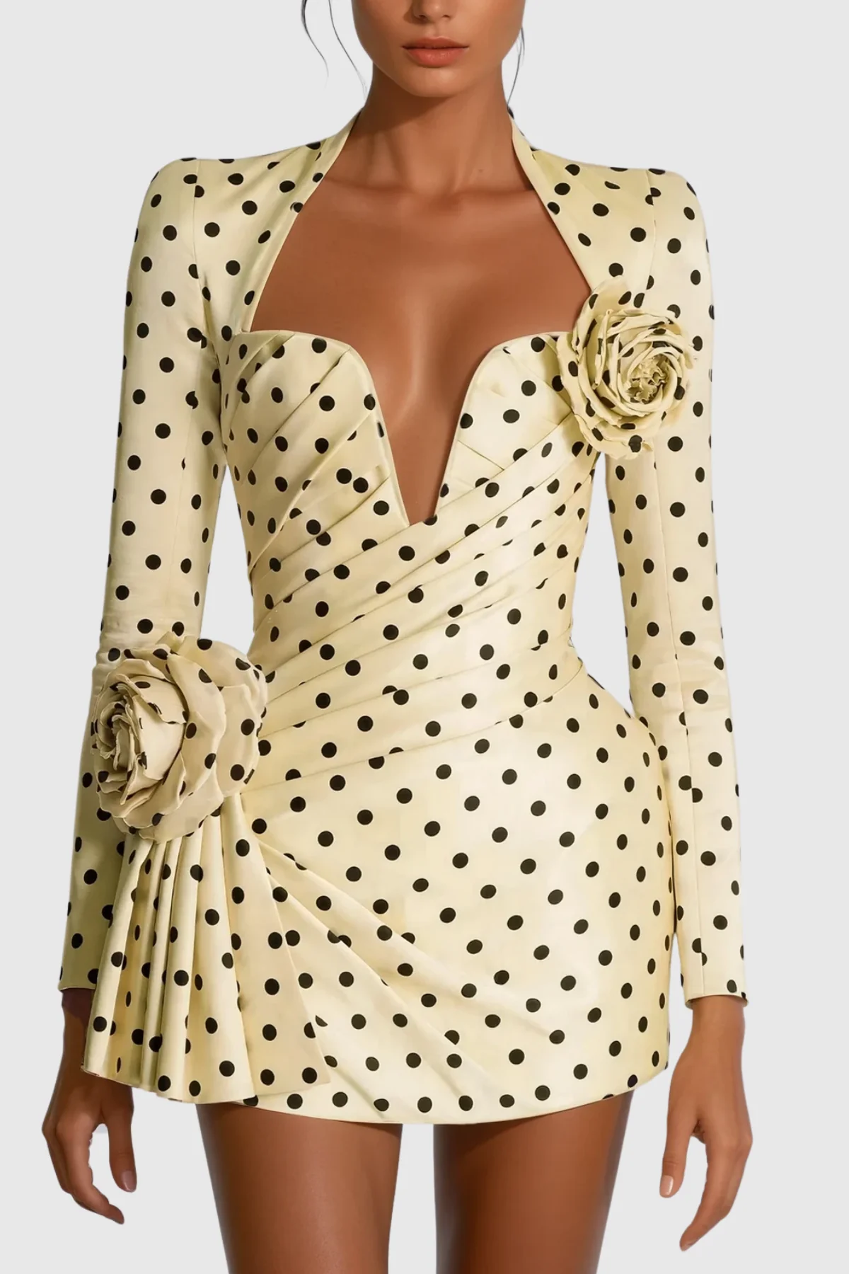 Yellow Dot Flower Ruch Mini Dress - Feminine Chic Essential