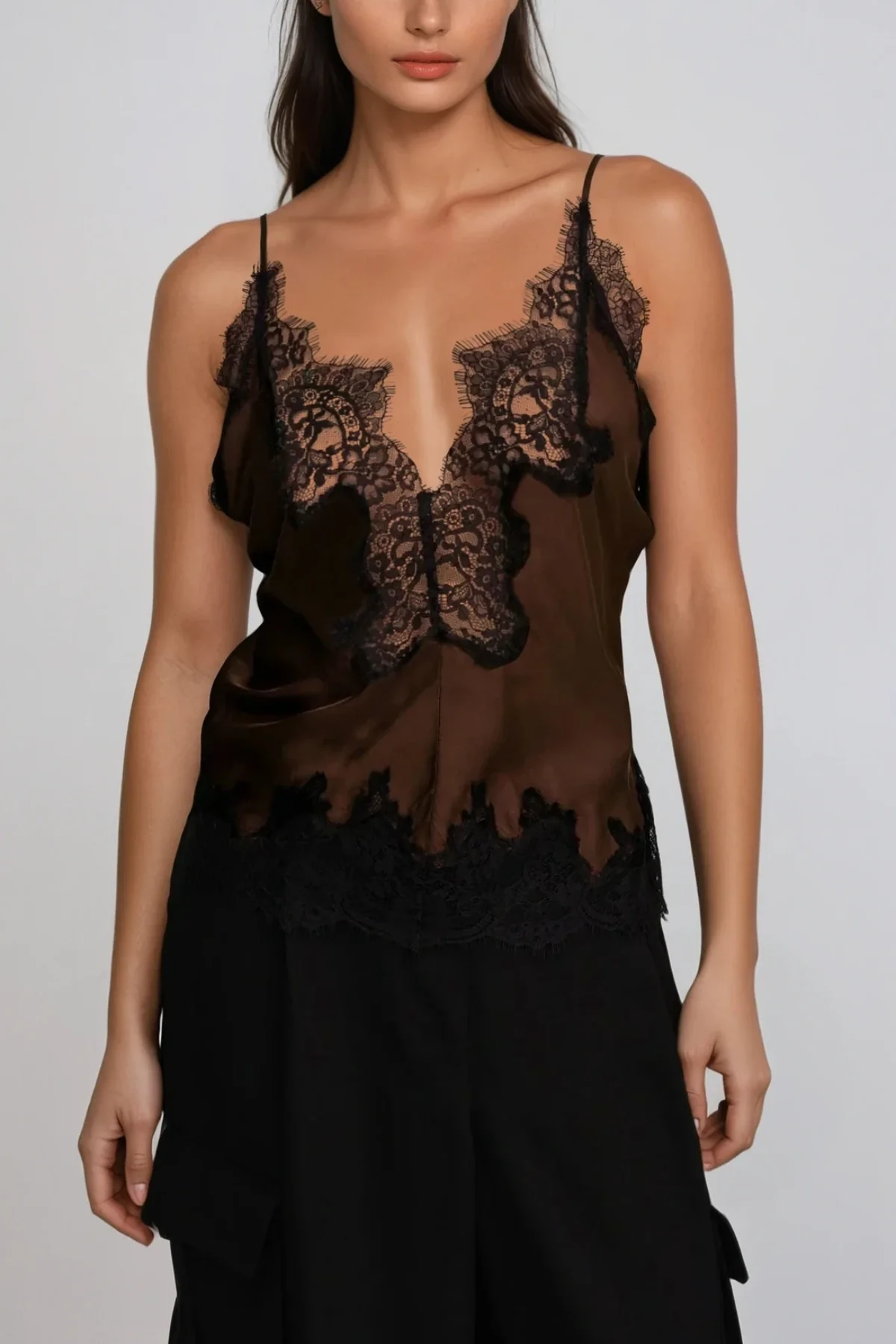 Brown Lace Satin Top for Elegant Wardrobe | Bess Style