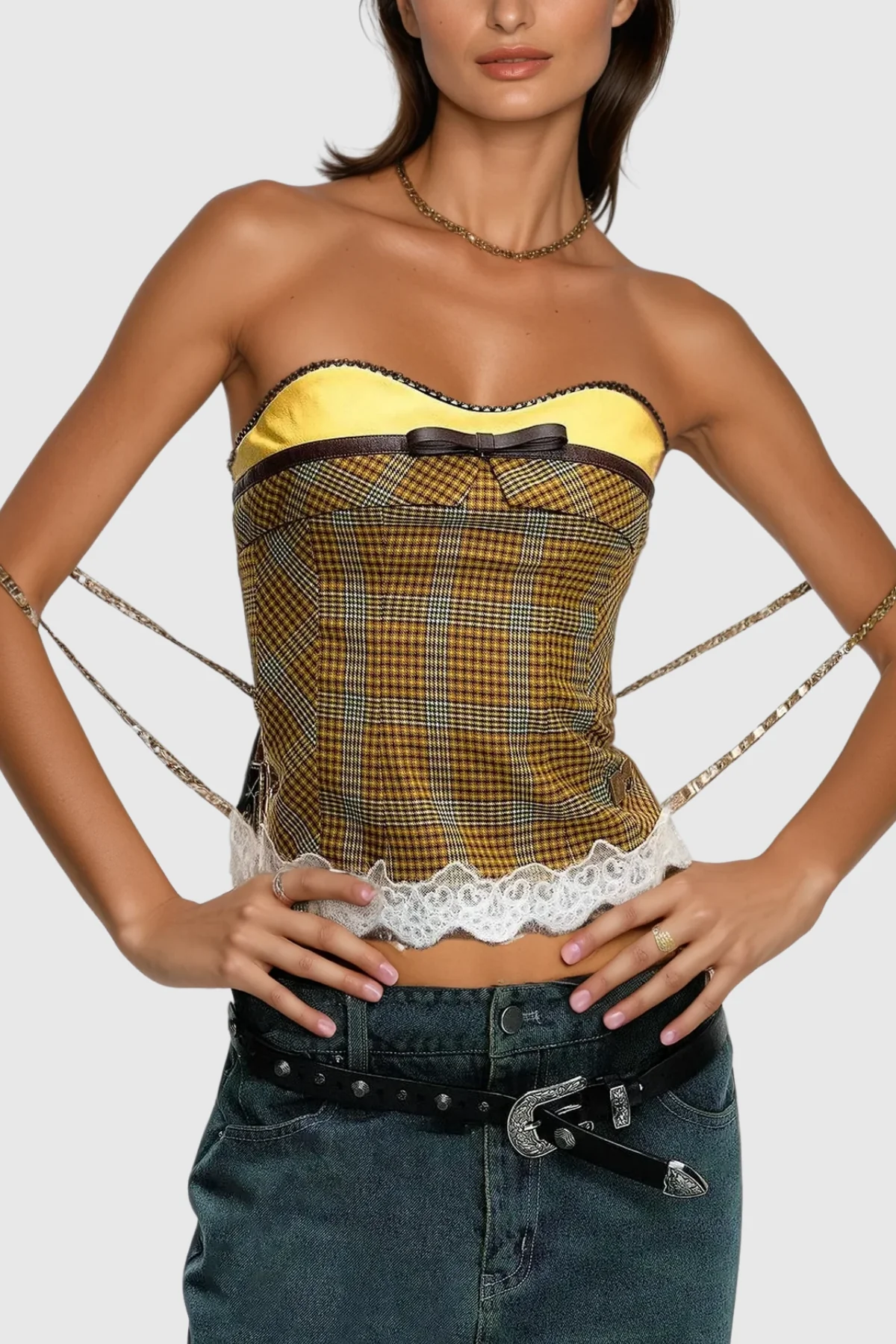 Plaid Lace Cropped Top in Khaki | Romantic Coquette Style