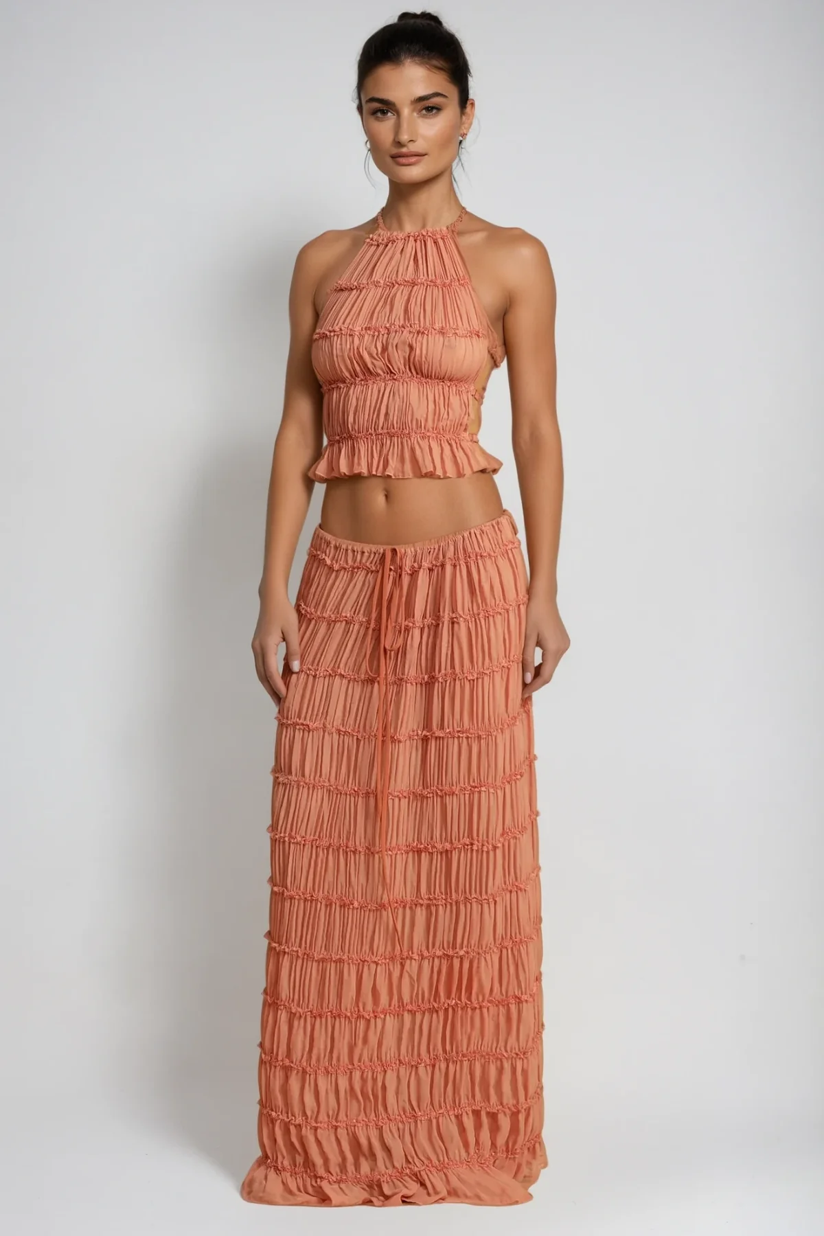 Pink Ruch Backless Skirt Set for Women