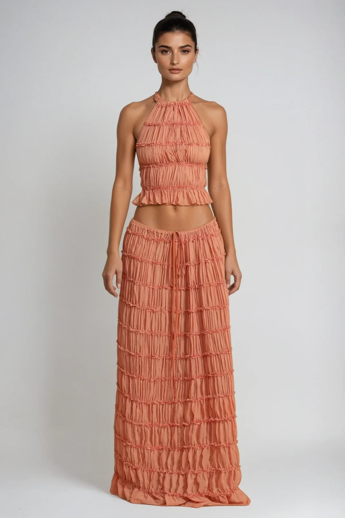 Pink Ruch Backless Skirt Set for Women