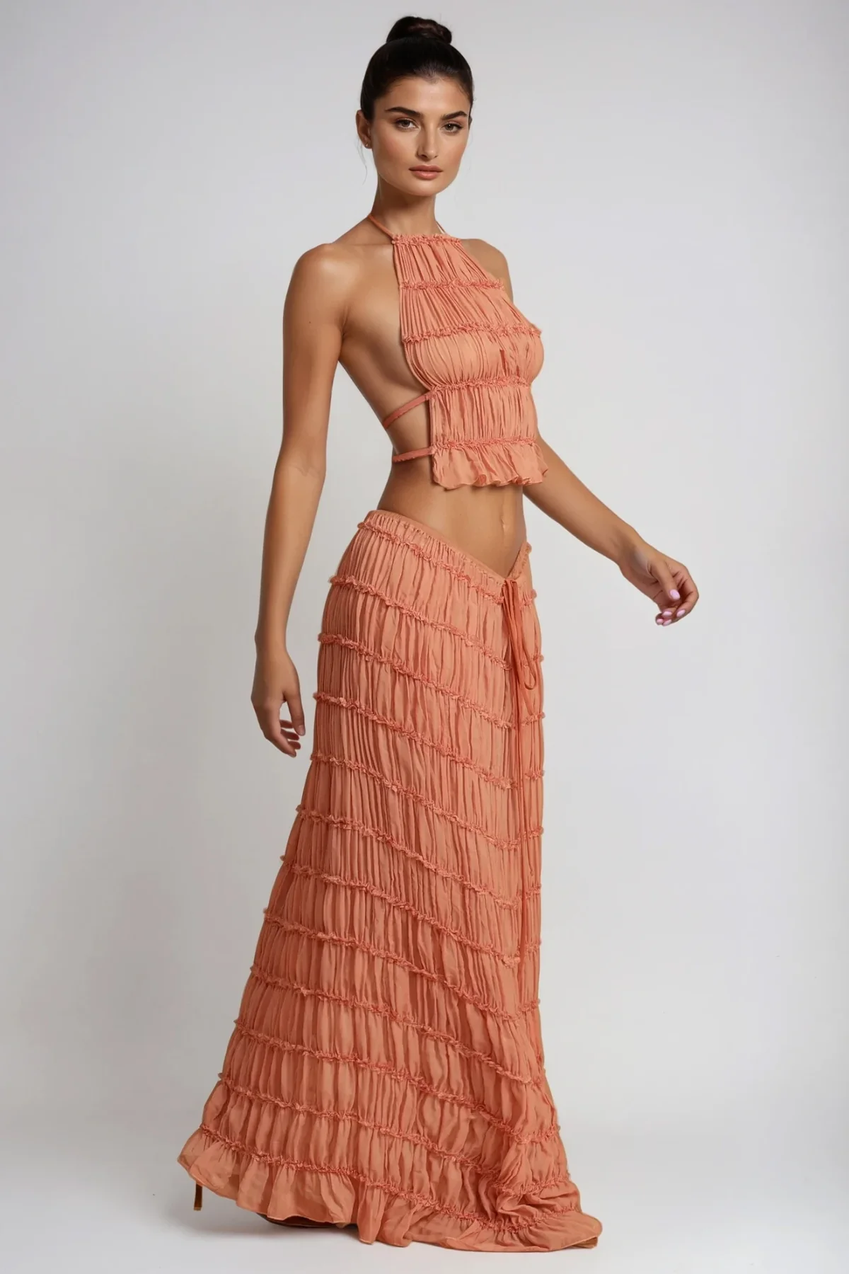 Pink Ruch Backless Skirt Set for Women