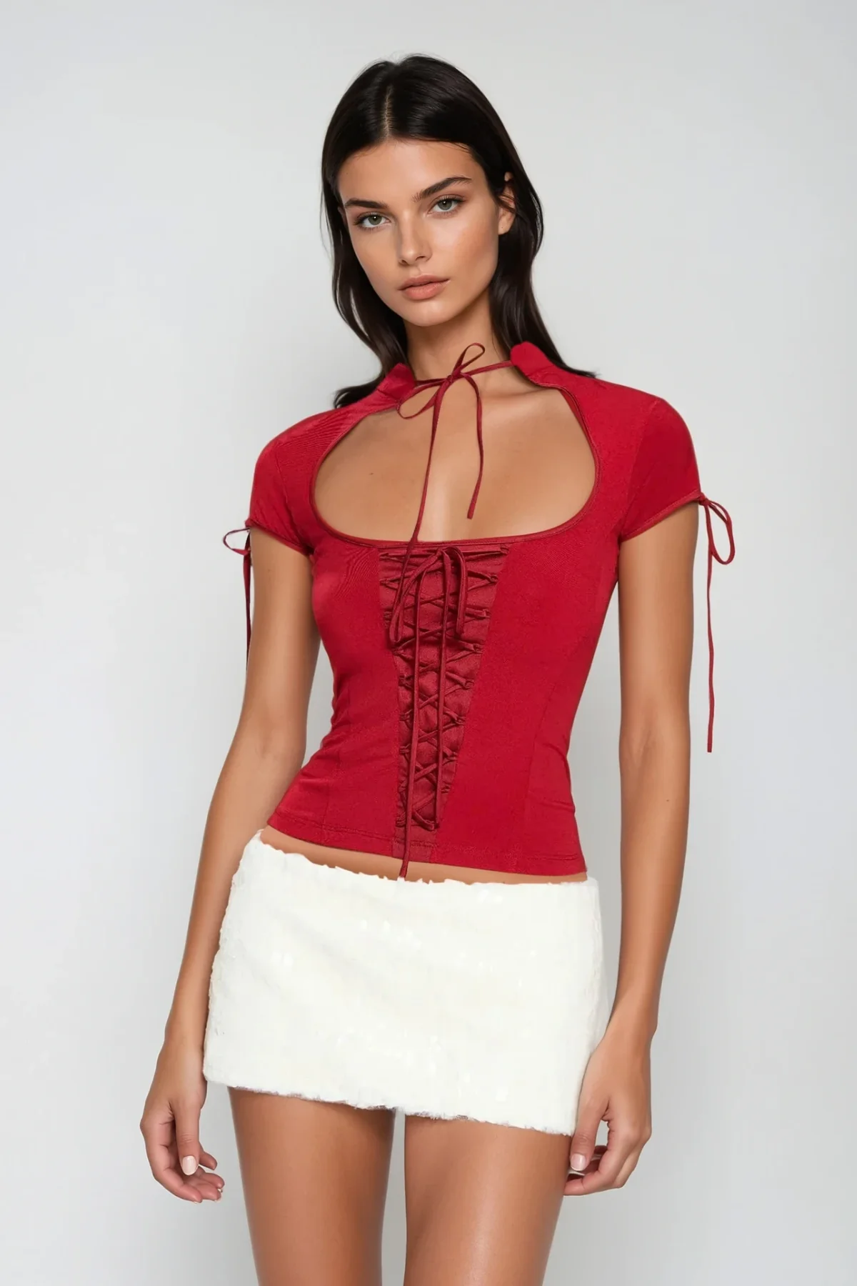 Elegant Lace-Up Qipao Top in Red | Berker Collection