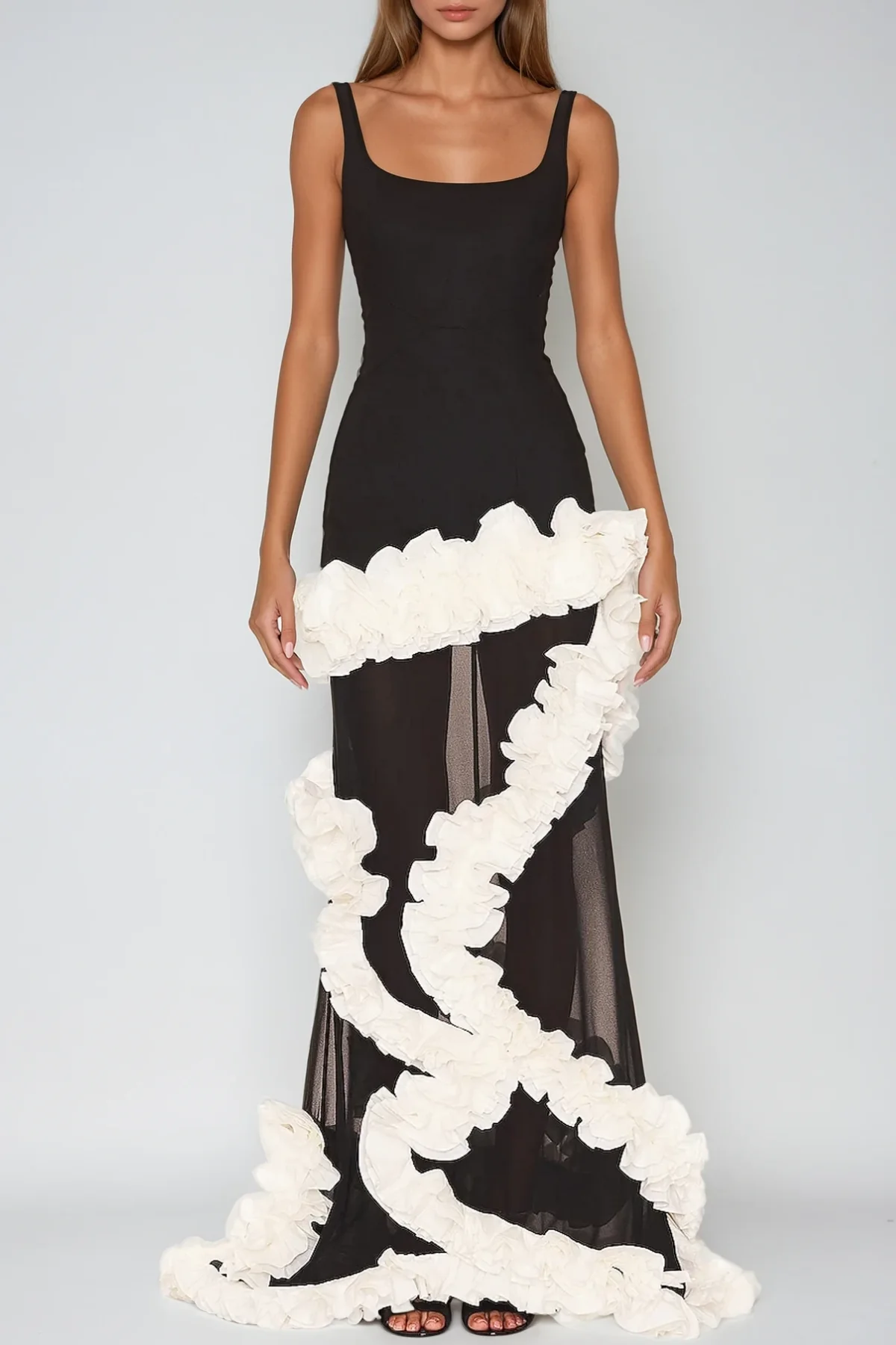 Black Mesh Ruffle Asymmetric Maxi Dress