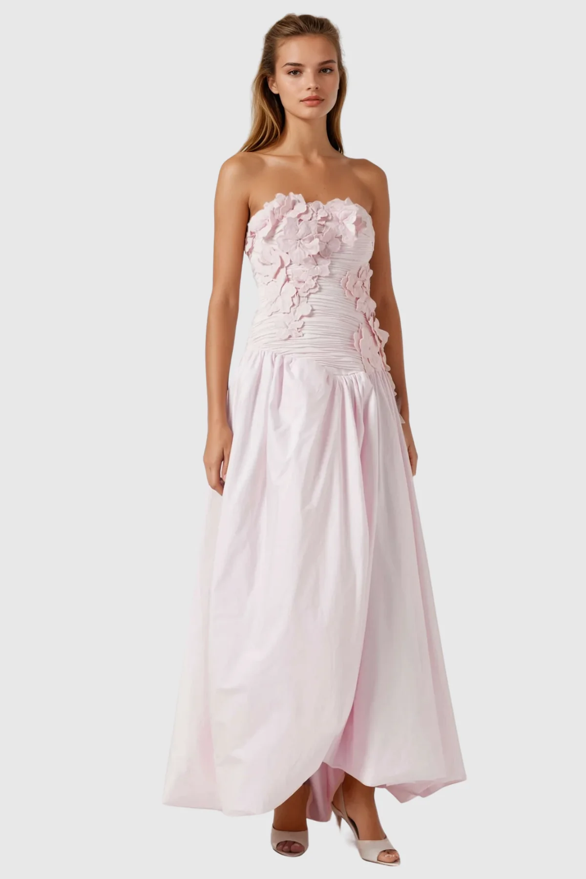 White Strapless Floral Ruched Puffy Maxi Dress