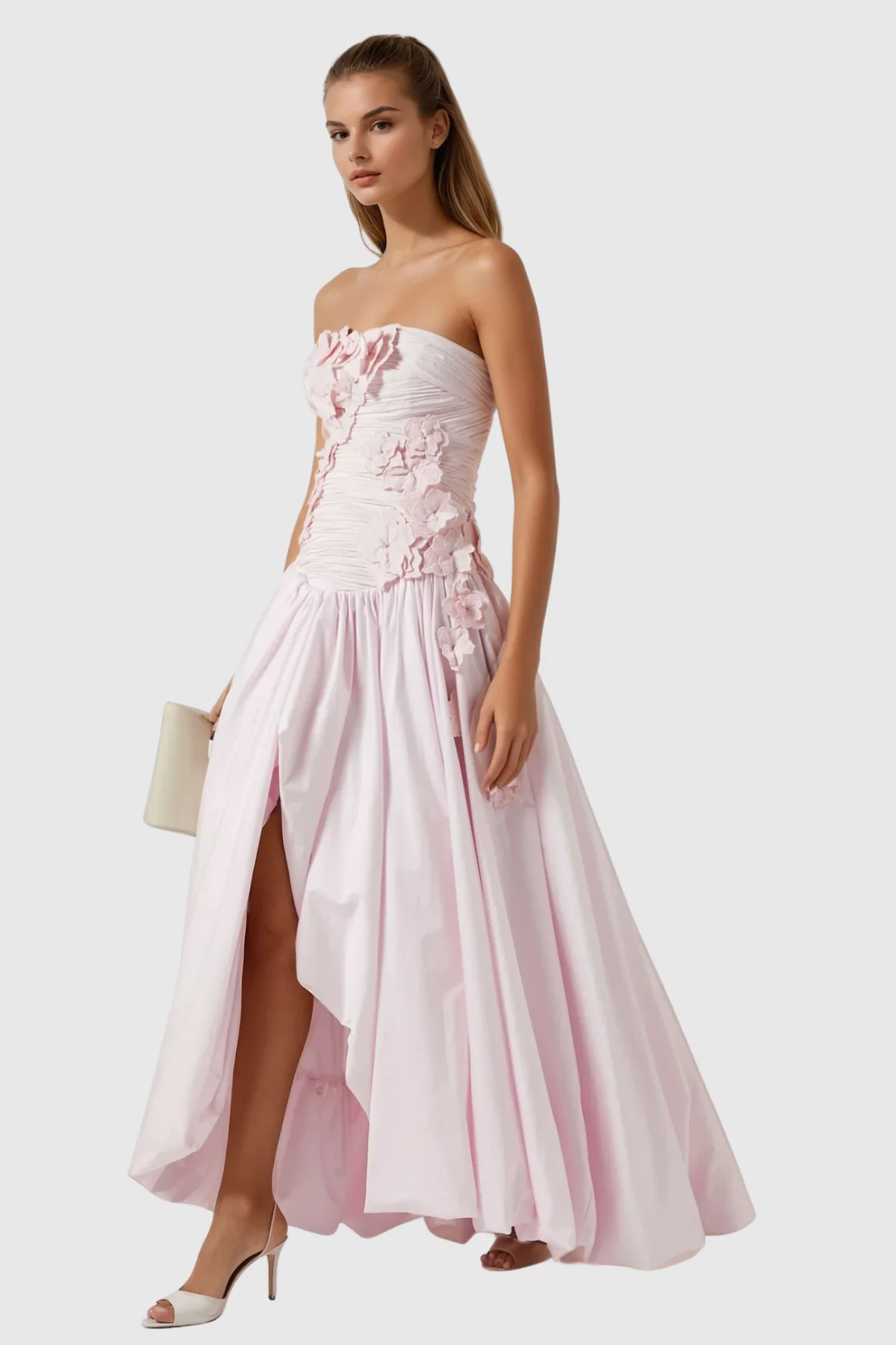 White Strapless Floral Ruched Puffy Maxi Dress